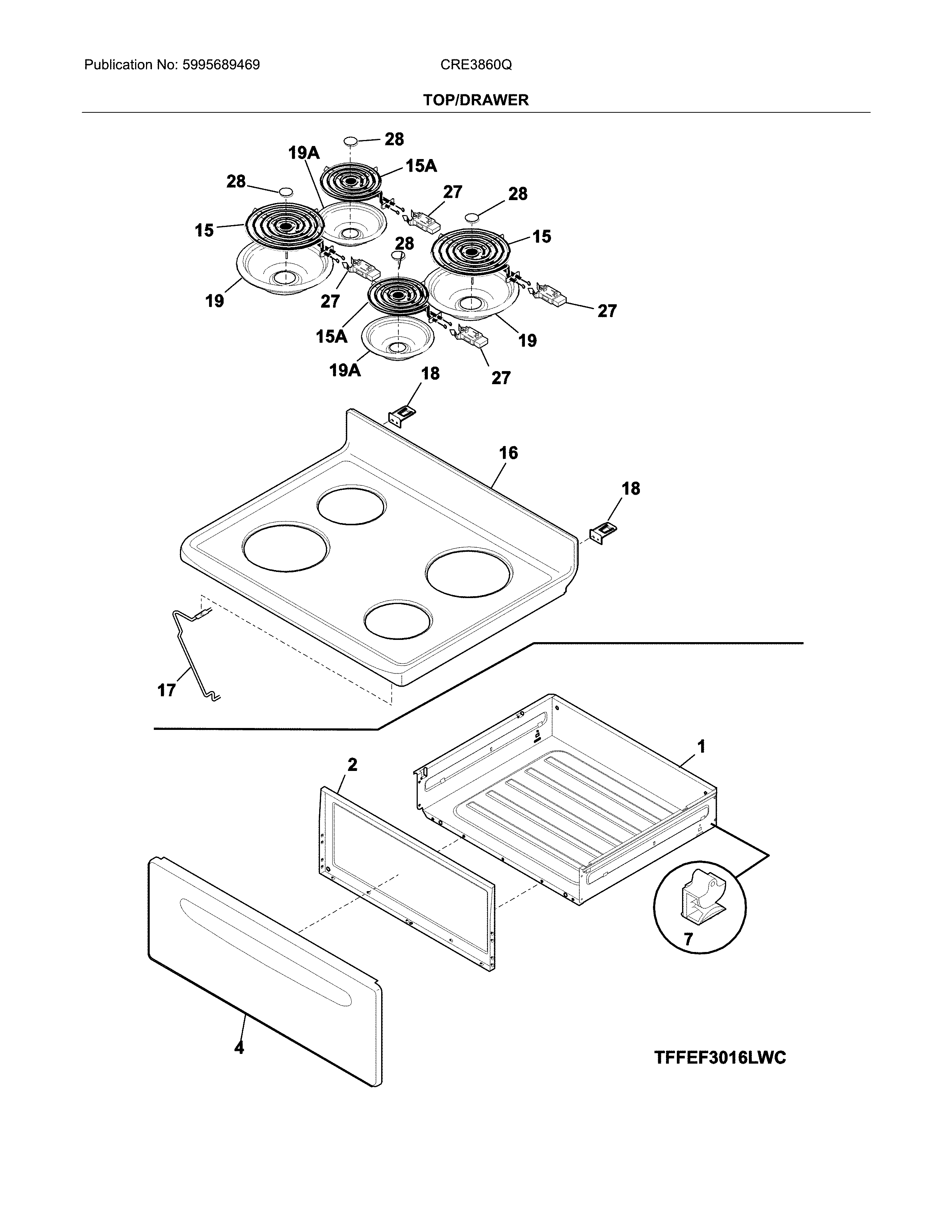 Crosley CRE3860QBB top/drawer diagram