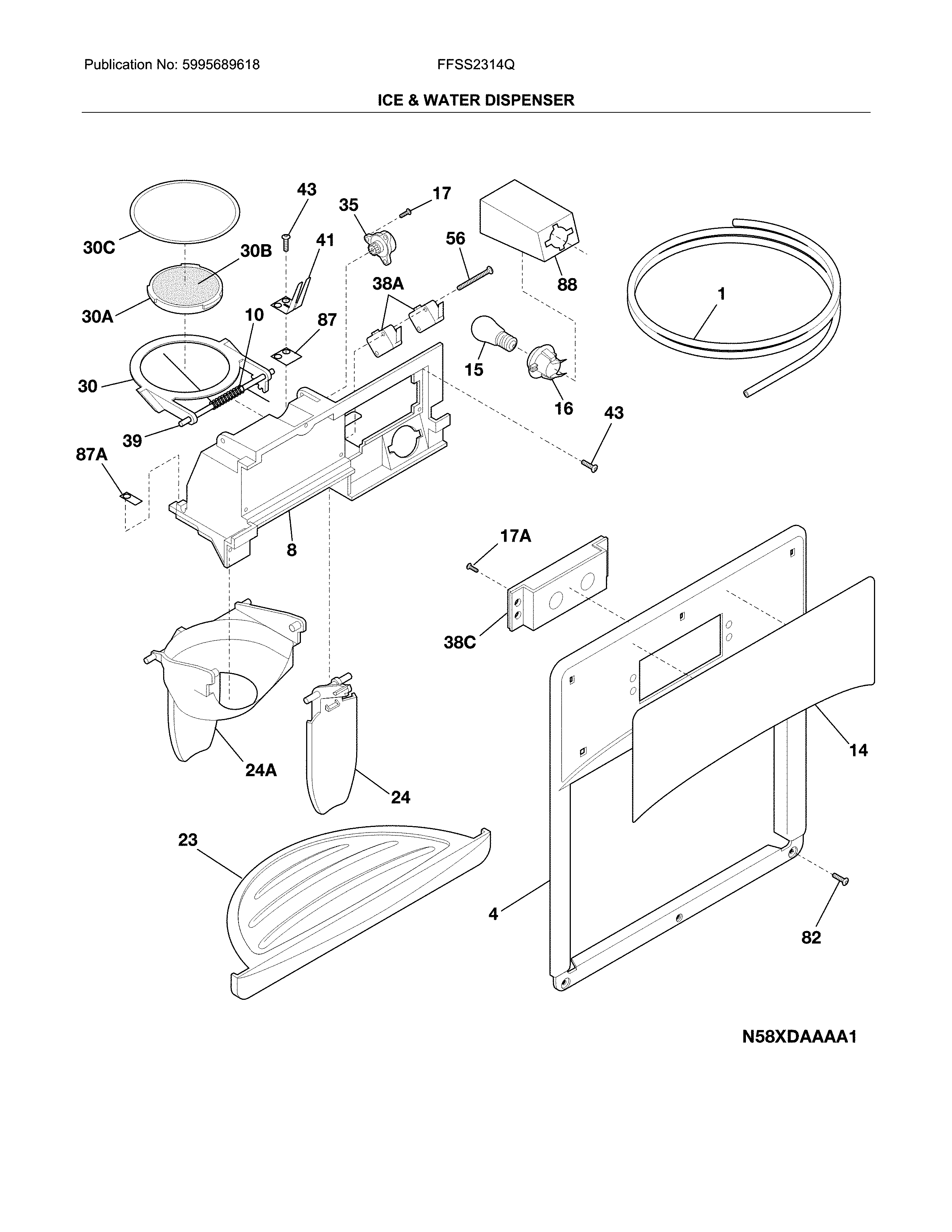 Frigidaire FFSS2314QEBA ice & water dispenser diagram