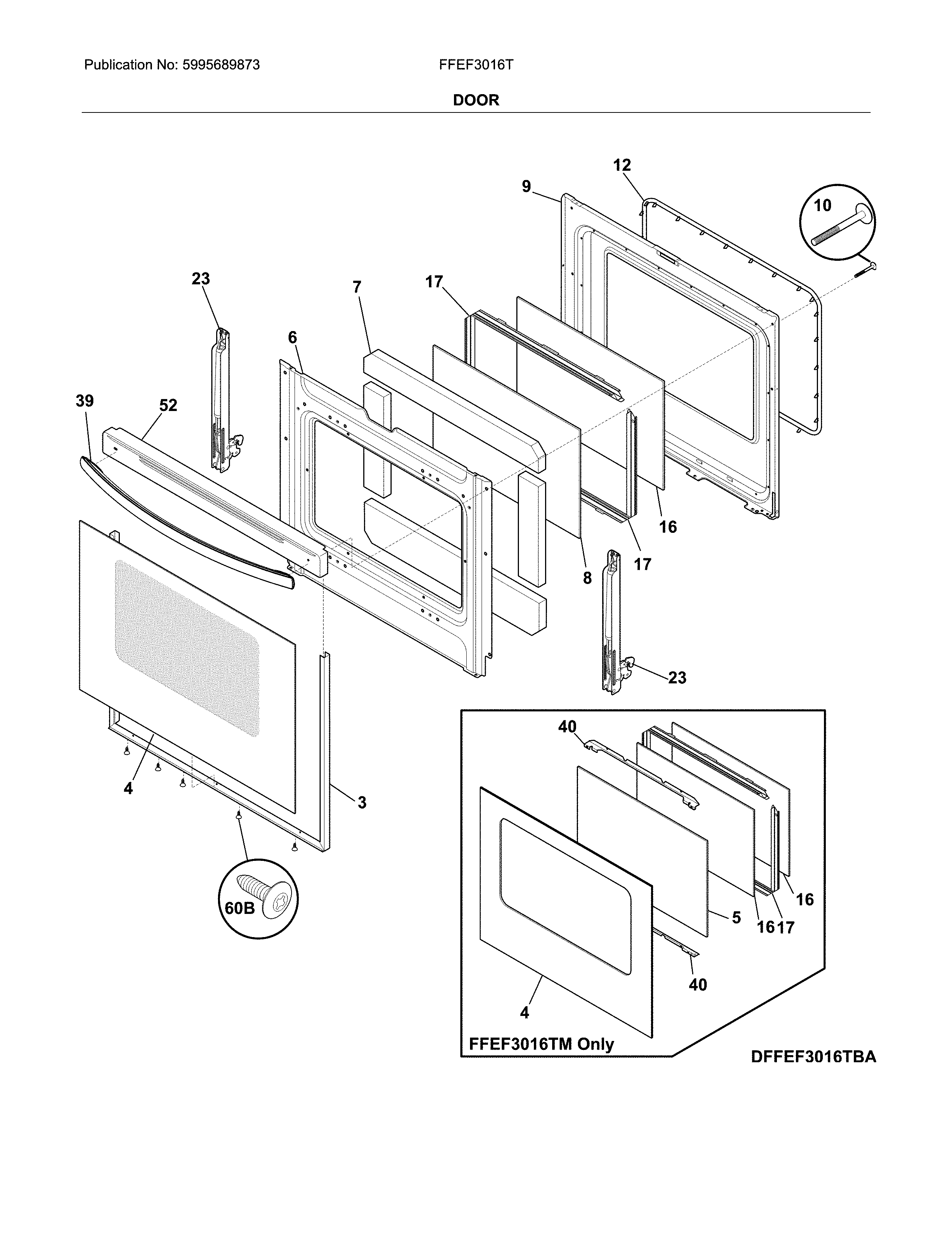 Frigidaire FFEF3016TWB door diagram