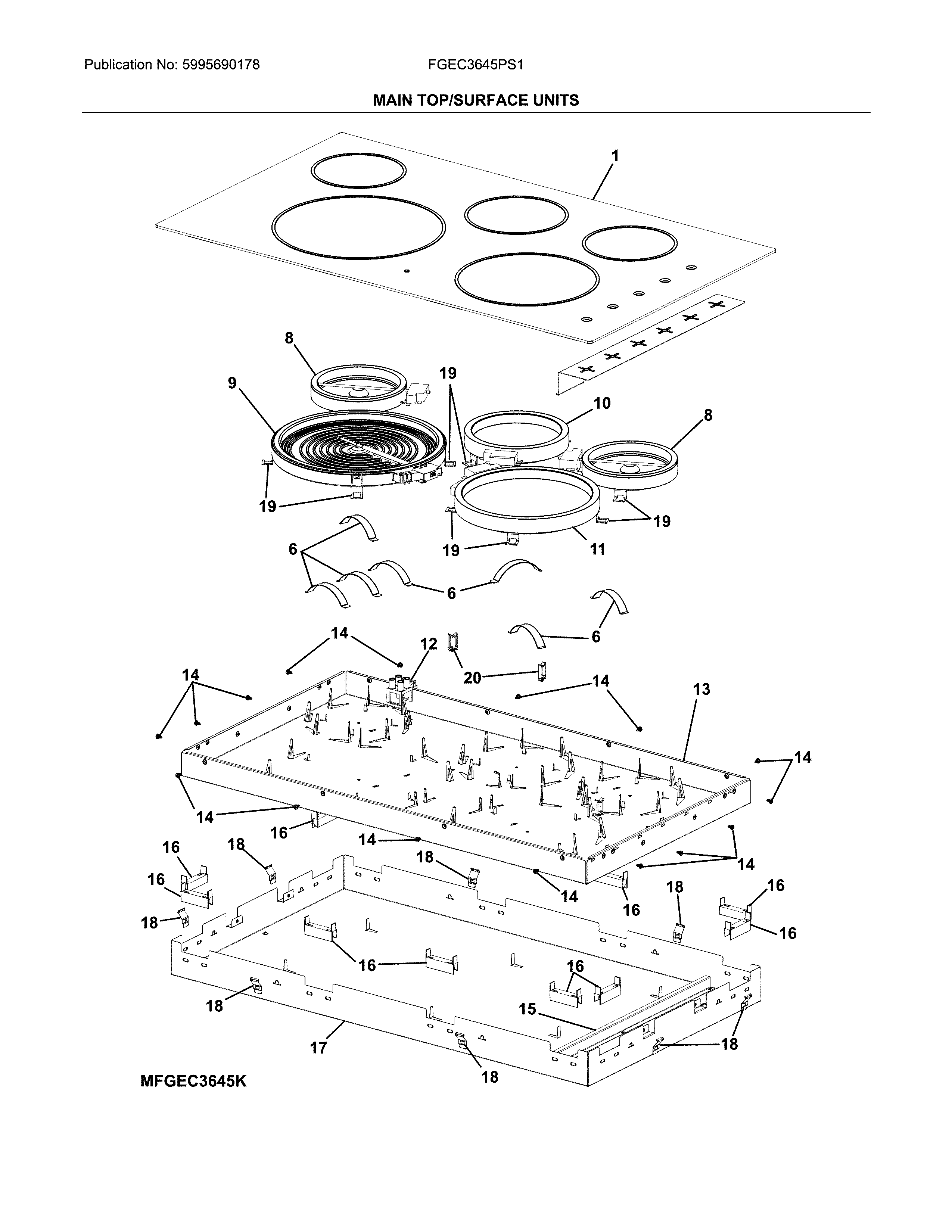Frigidaire FGEC3645PS1 main top/surface units diagram