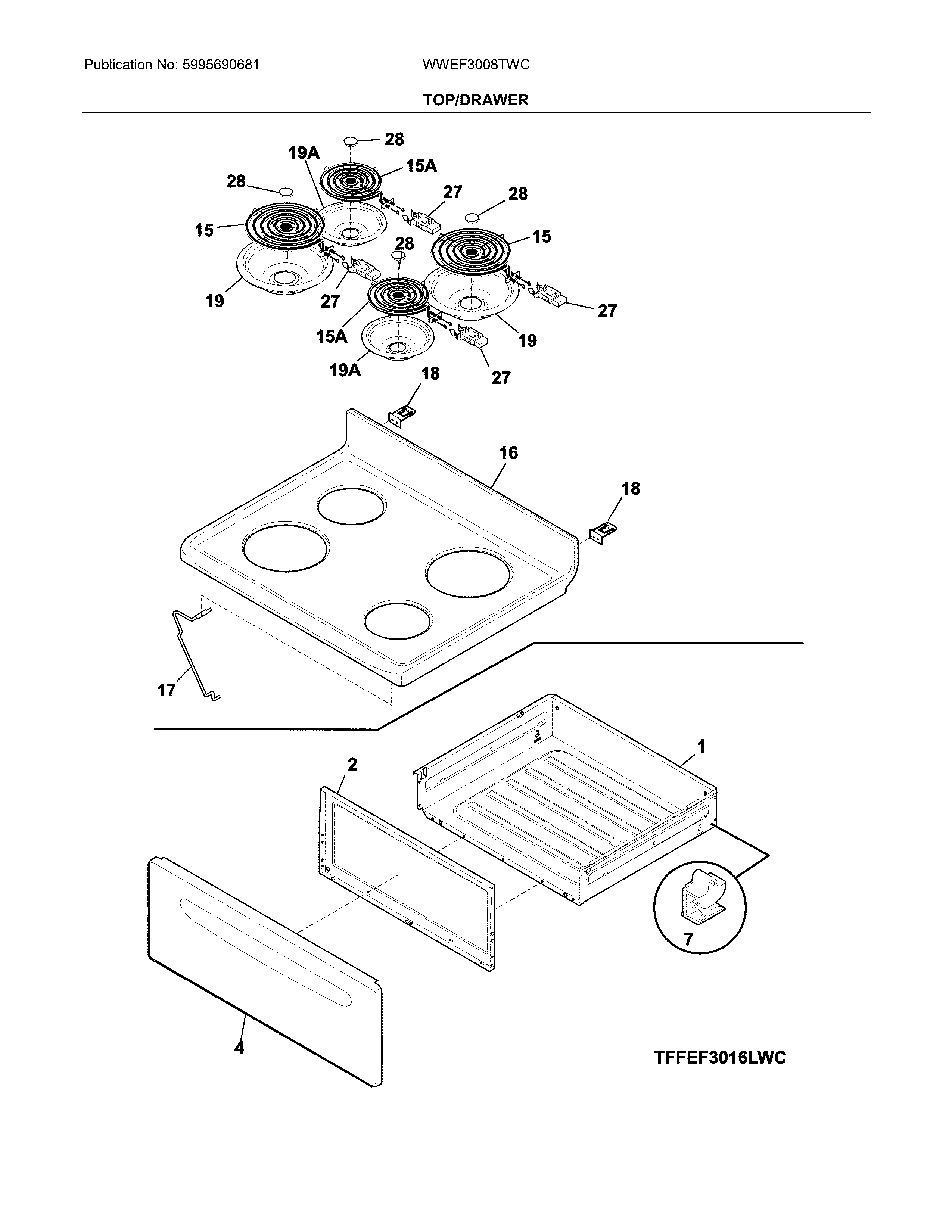 White-Westinghouse WWEF3008TWC top/drawer diagram