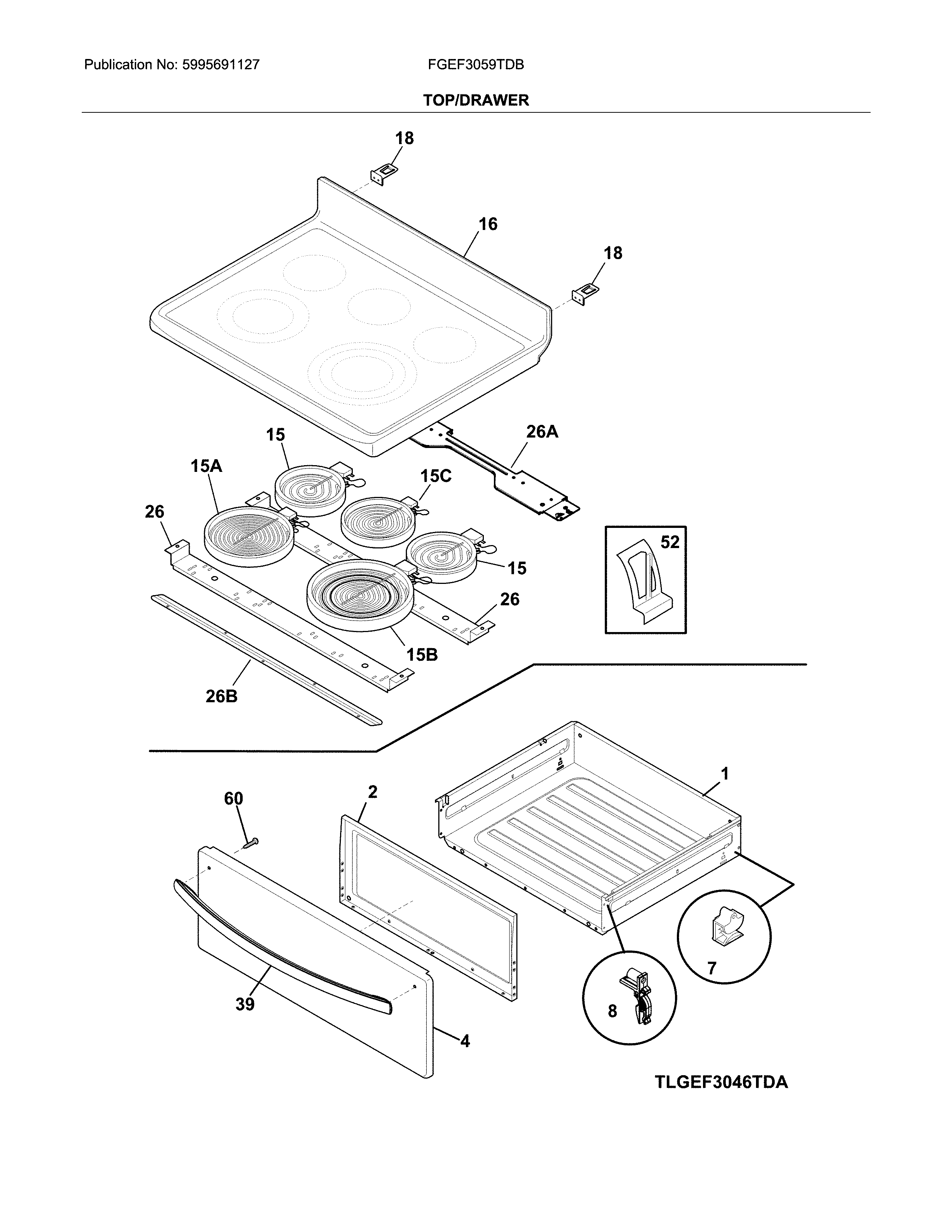 Frigidaire FGEF3059TDB top/drawer diagram