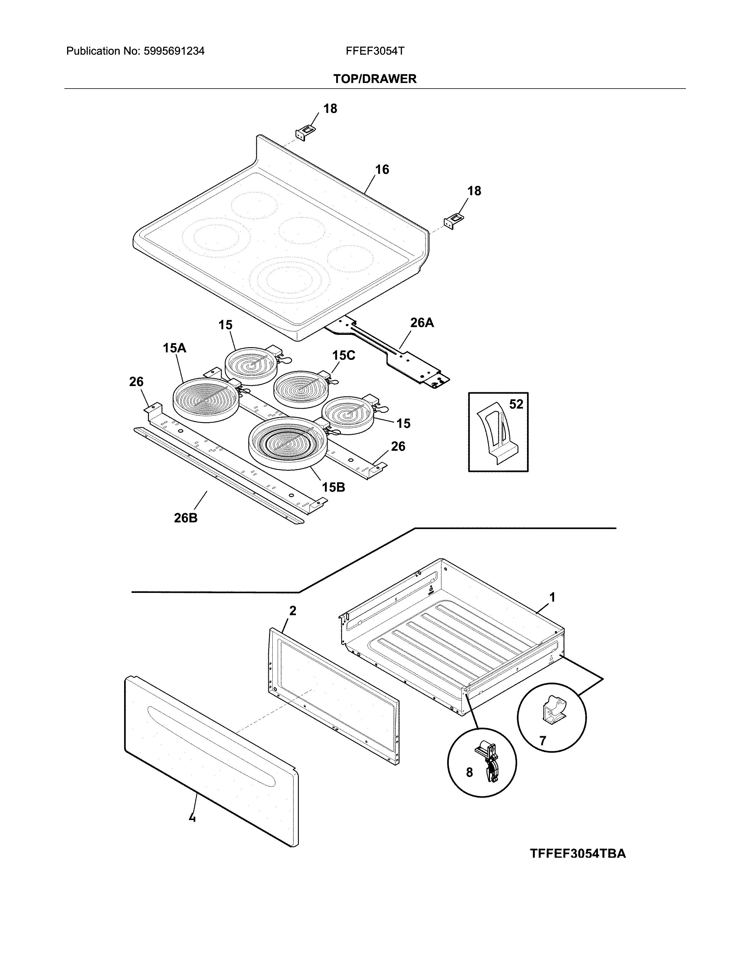 Frigidaire FFEF3054TBA top/drawer diagram