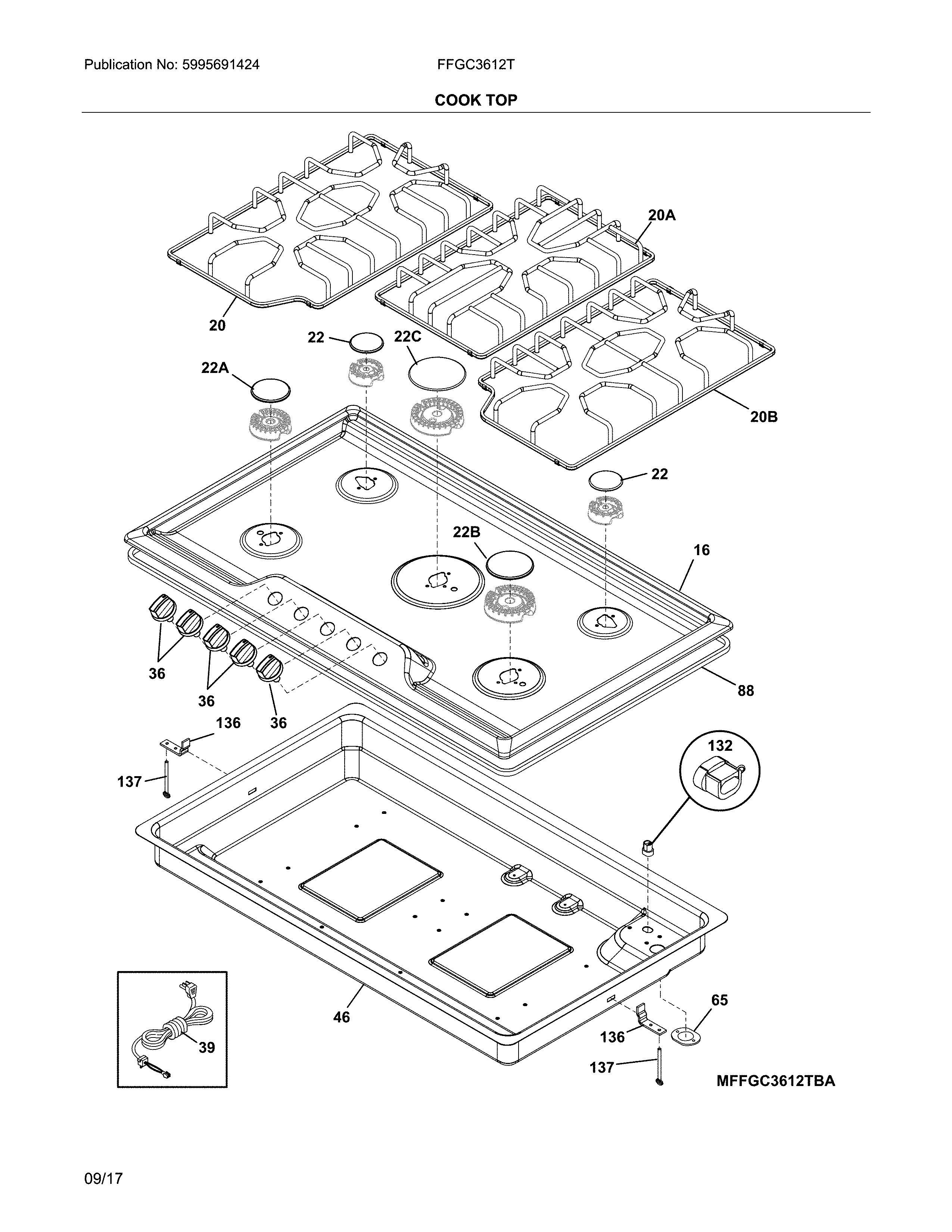 Frigidaire FFGC3612TBA cook top diagram