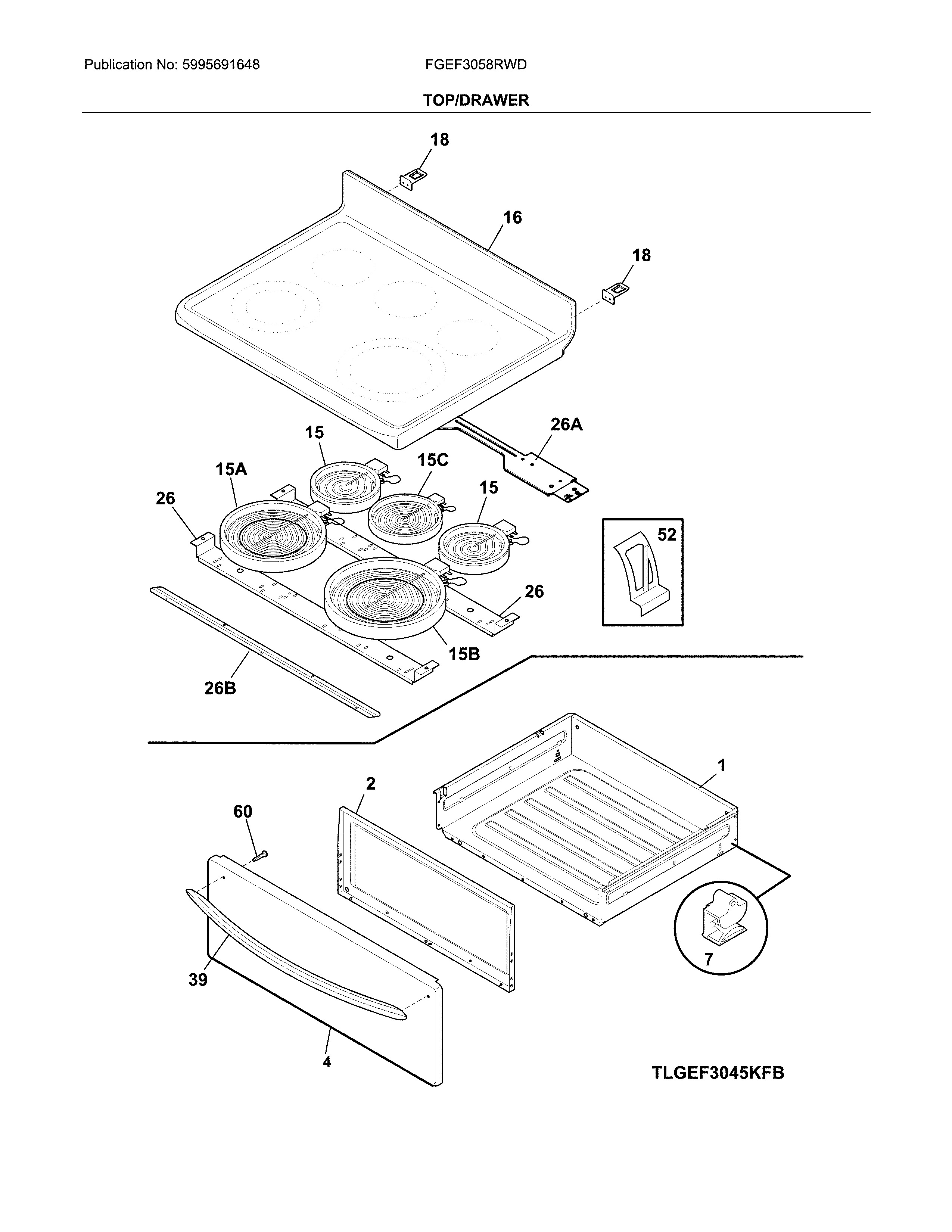 Frigidaire FGEF3058RWD top/drawer diagram