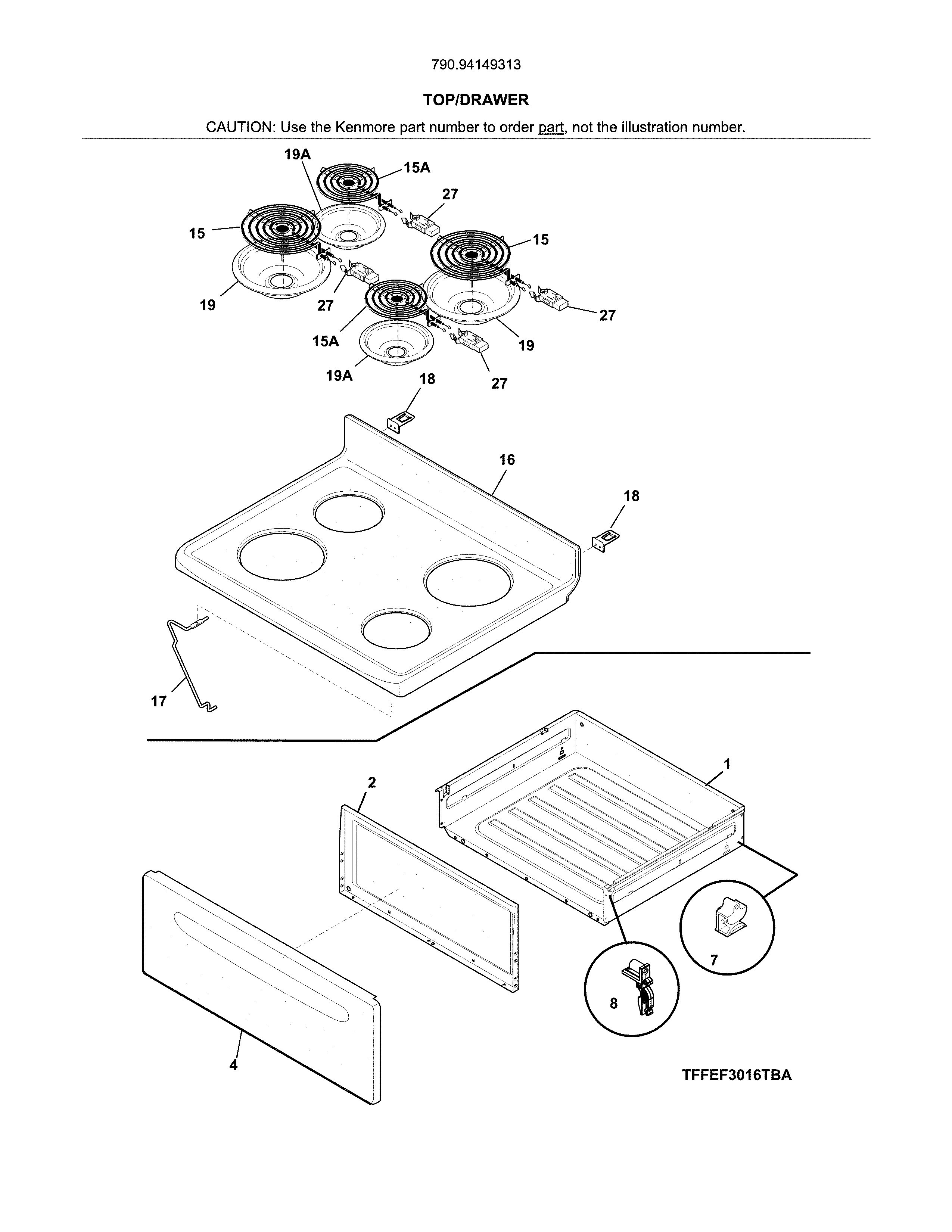 Kenmore 79094149313 top/drawer diagram