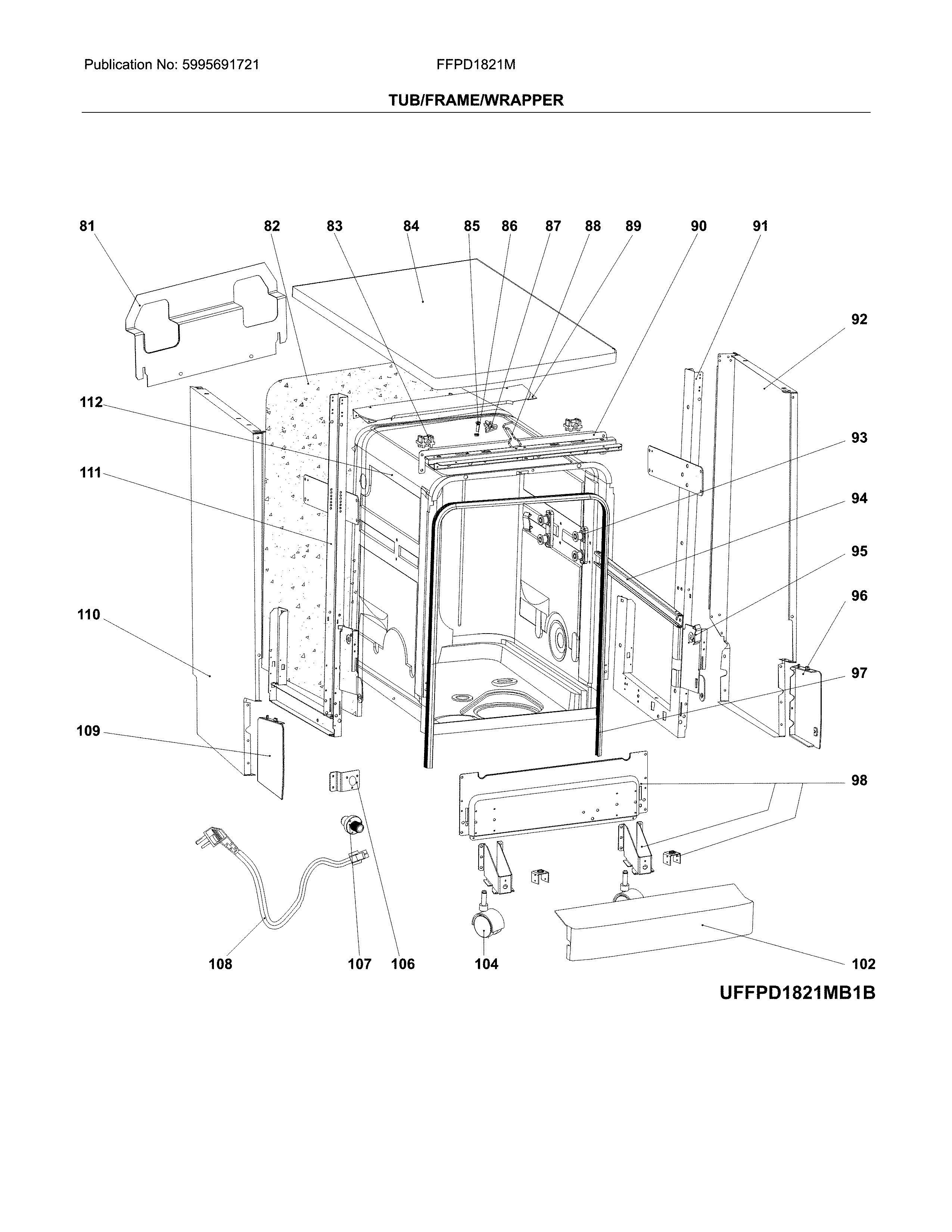 Frigidaire FFPD1821MW1B tub/frame/wrapper diagram