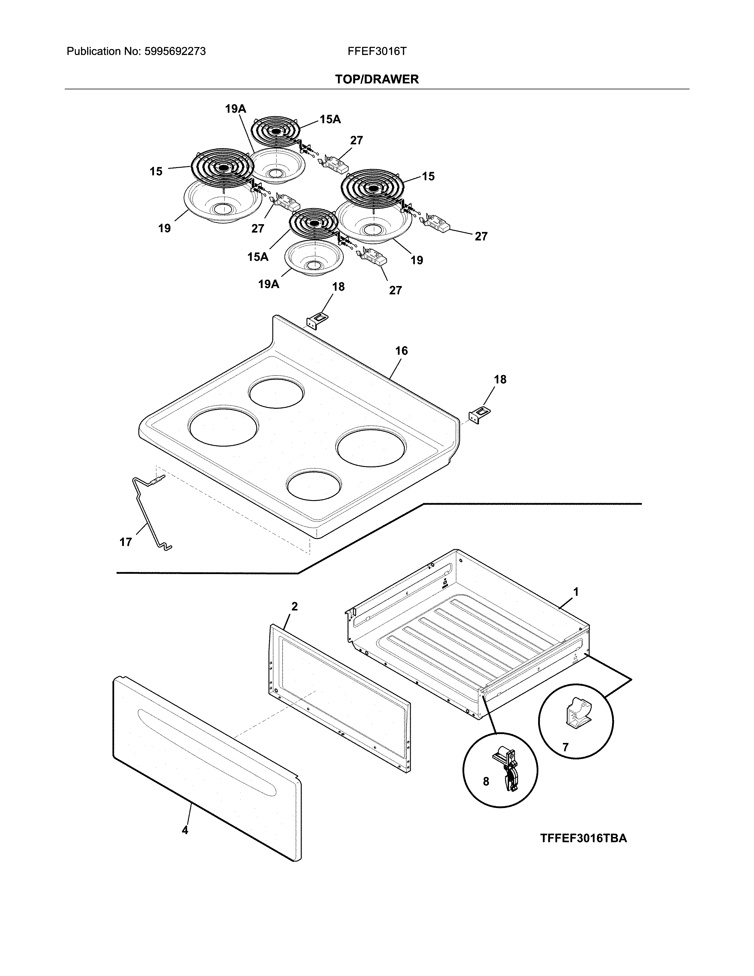 Frigidaire FFEF3016TBC top/drawer diagram