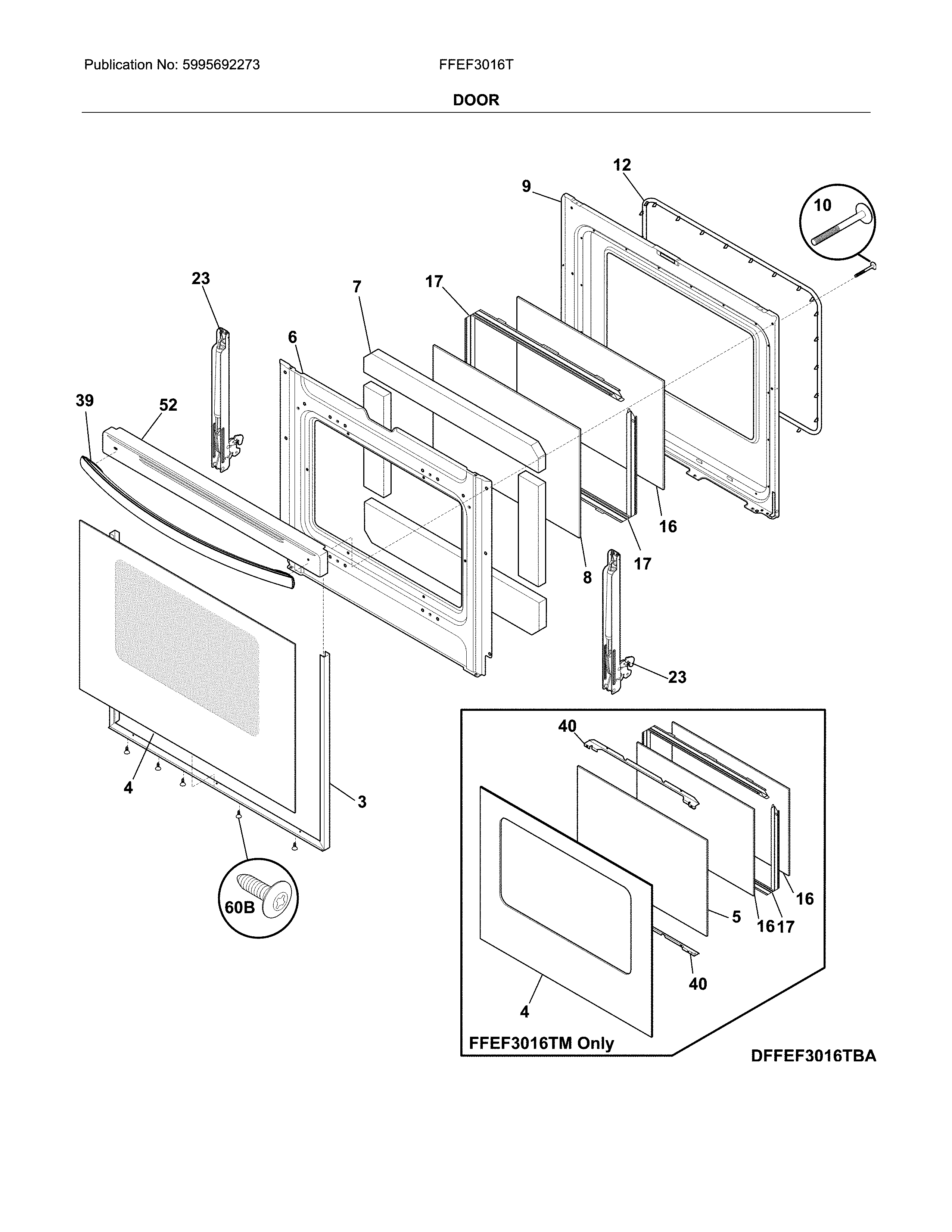 Frigidaire FFEF3016TBC door diagram