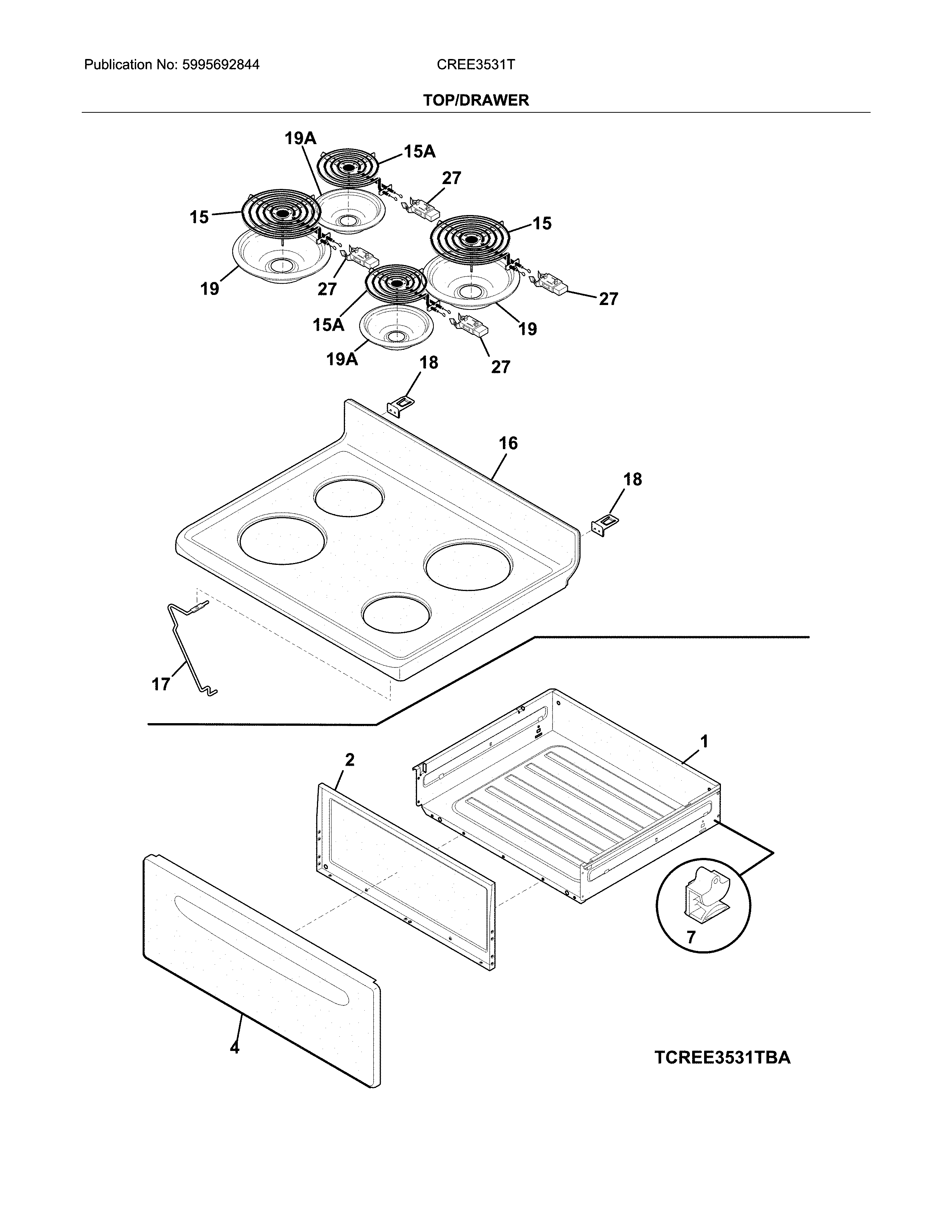 Crosley CREE3531TWA top/drawer diagram