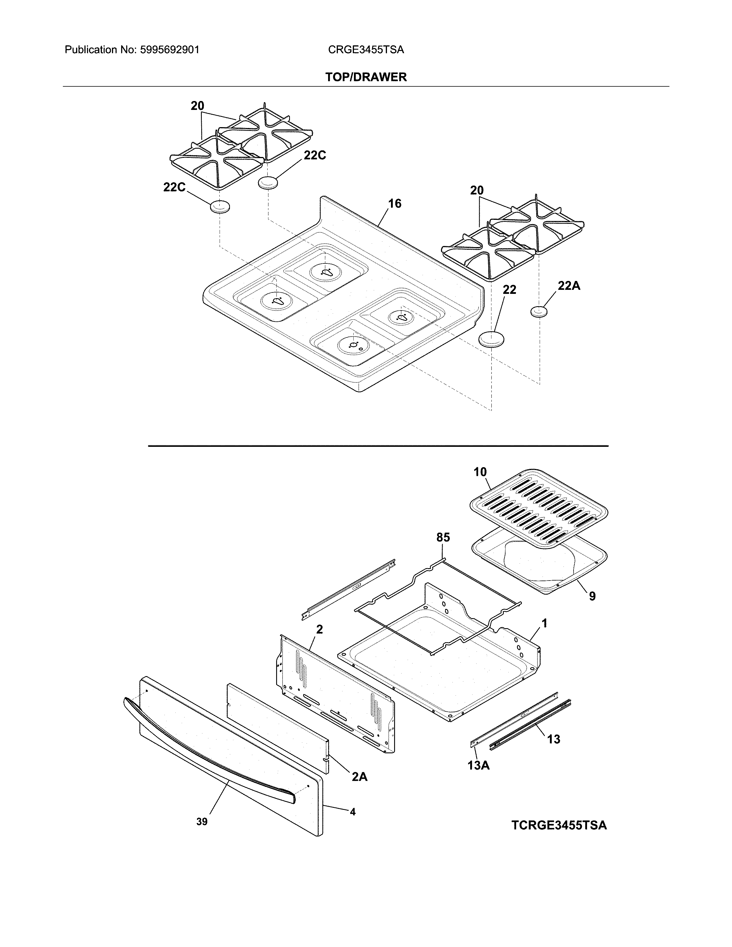 Crosley CRGE3455TSA top/drawer diagram