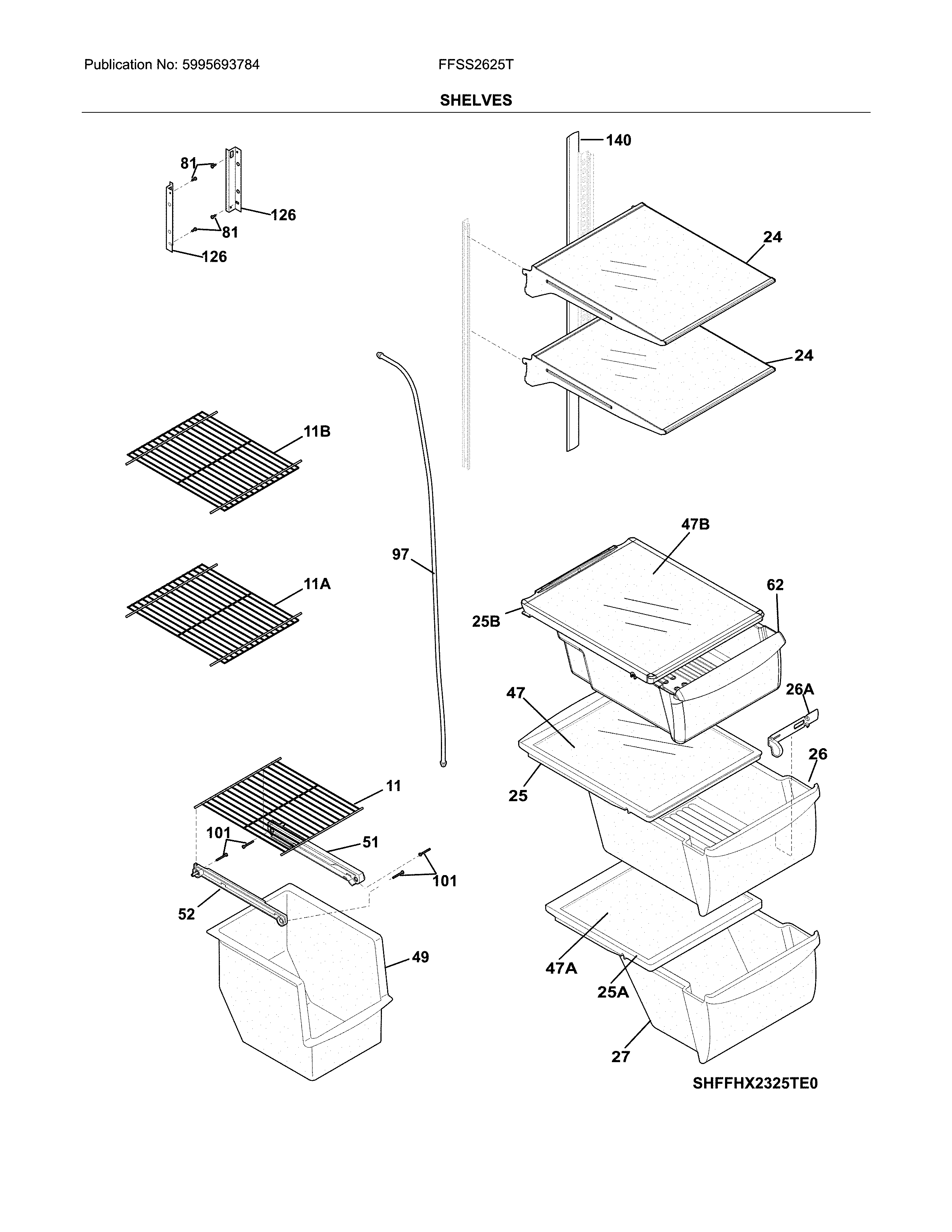 Frigidaire FFSS2625TS0 shelves diagram