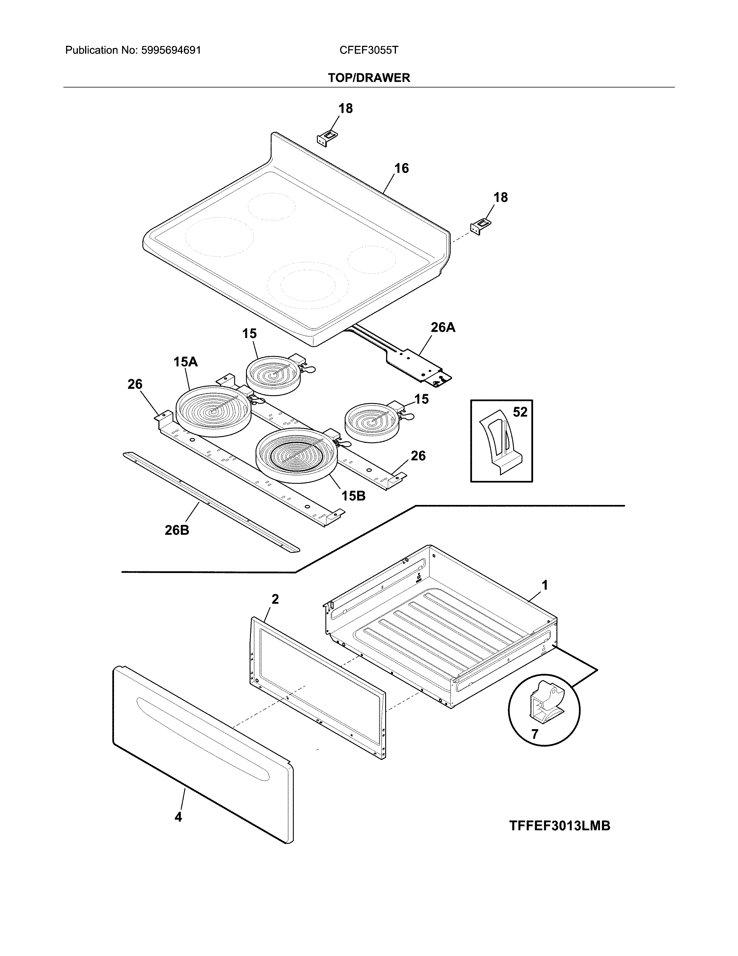 Frigidaire CFEF3055TWD top/drawer diagram