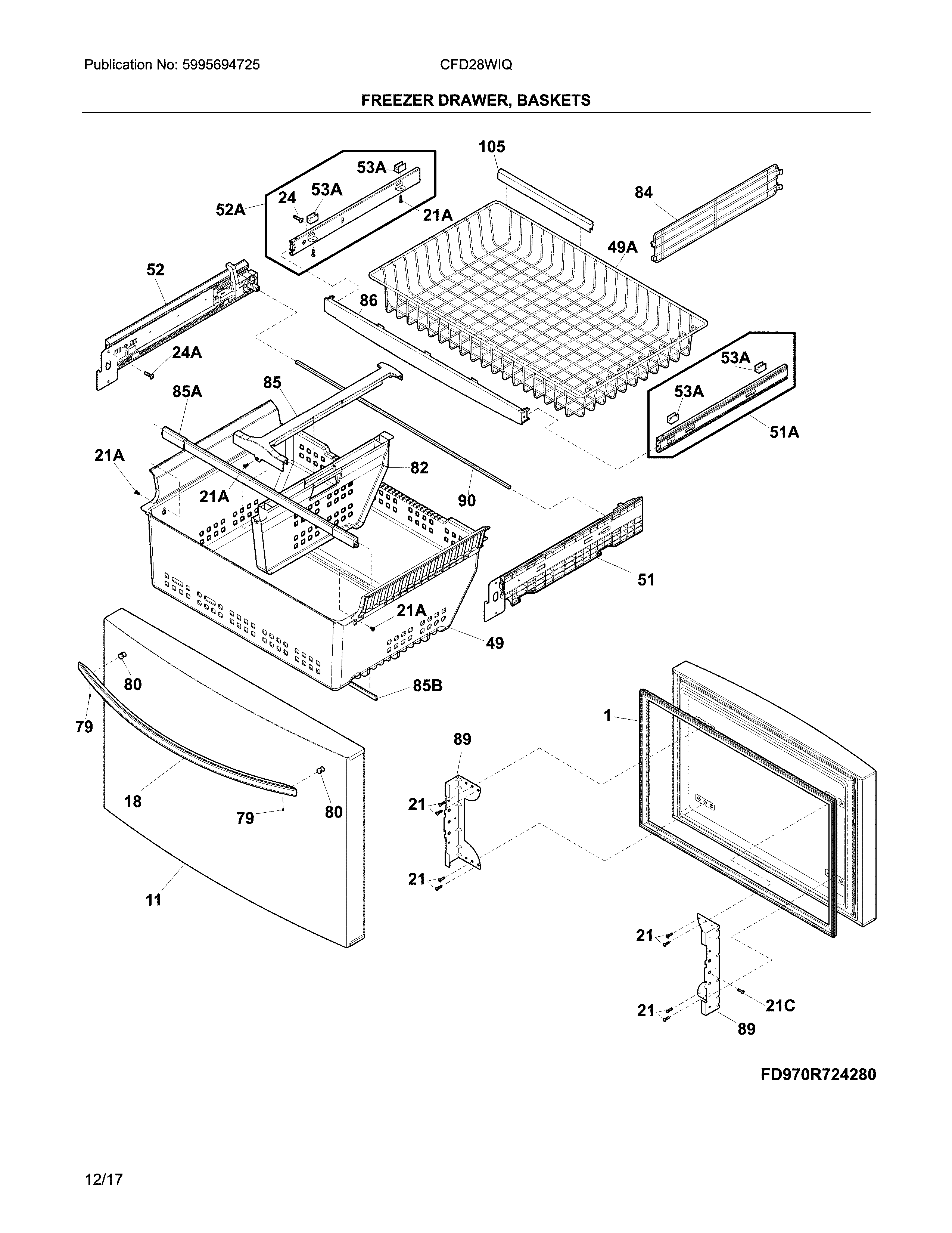 Crosley CFD28WIQW1 freezer drawer, baskets diagram