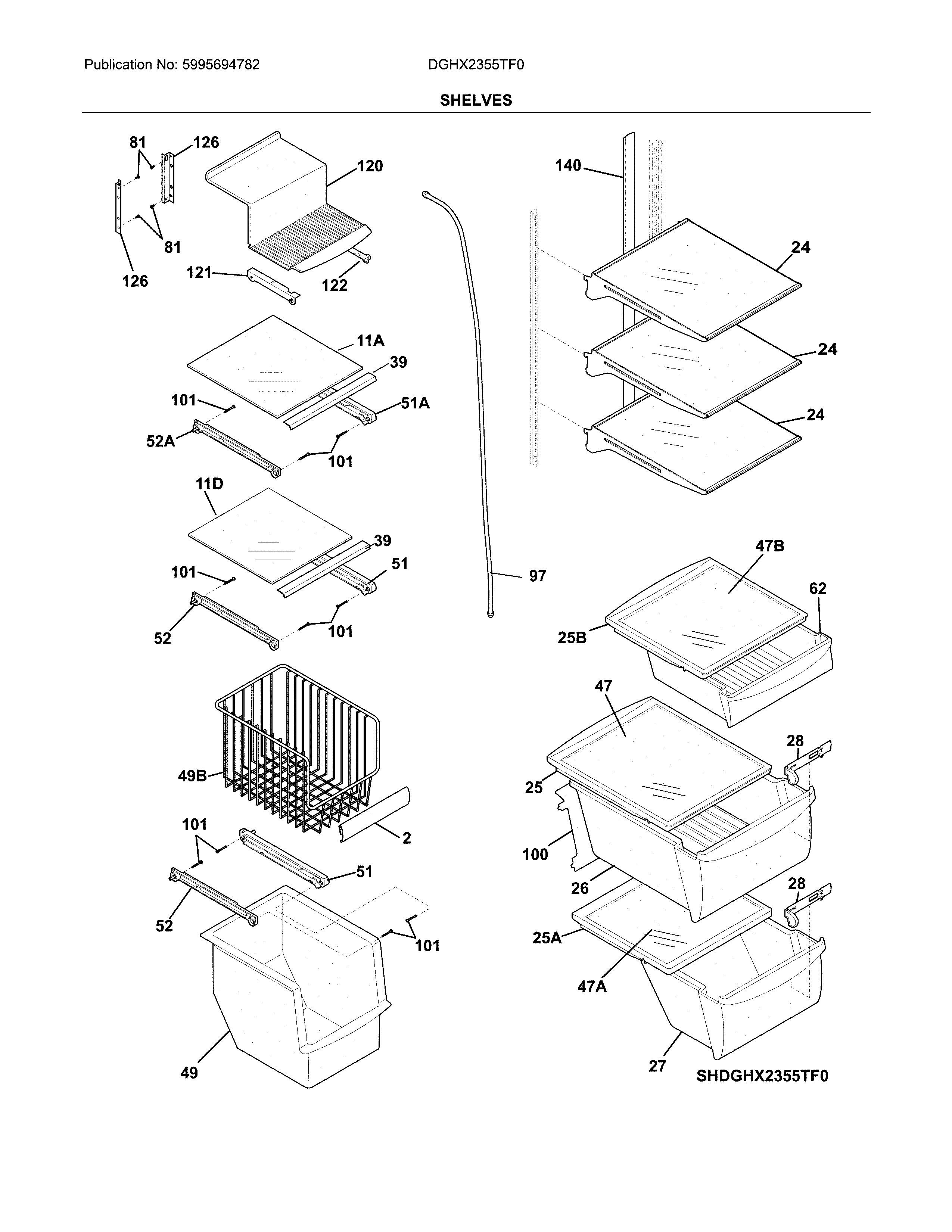 Frigidaire DGHX2355TF0 shelves diagram