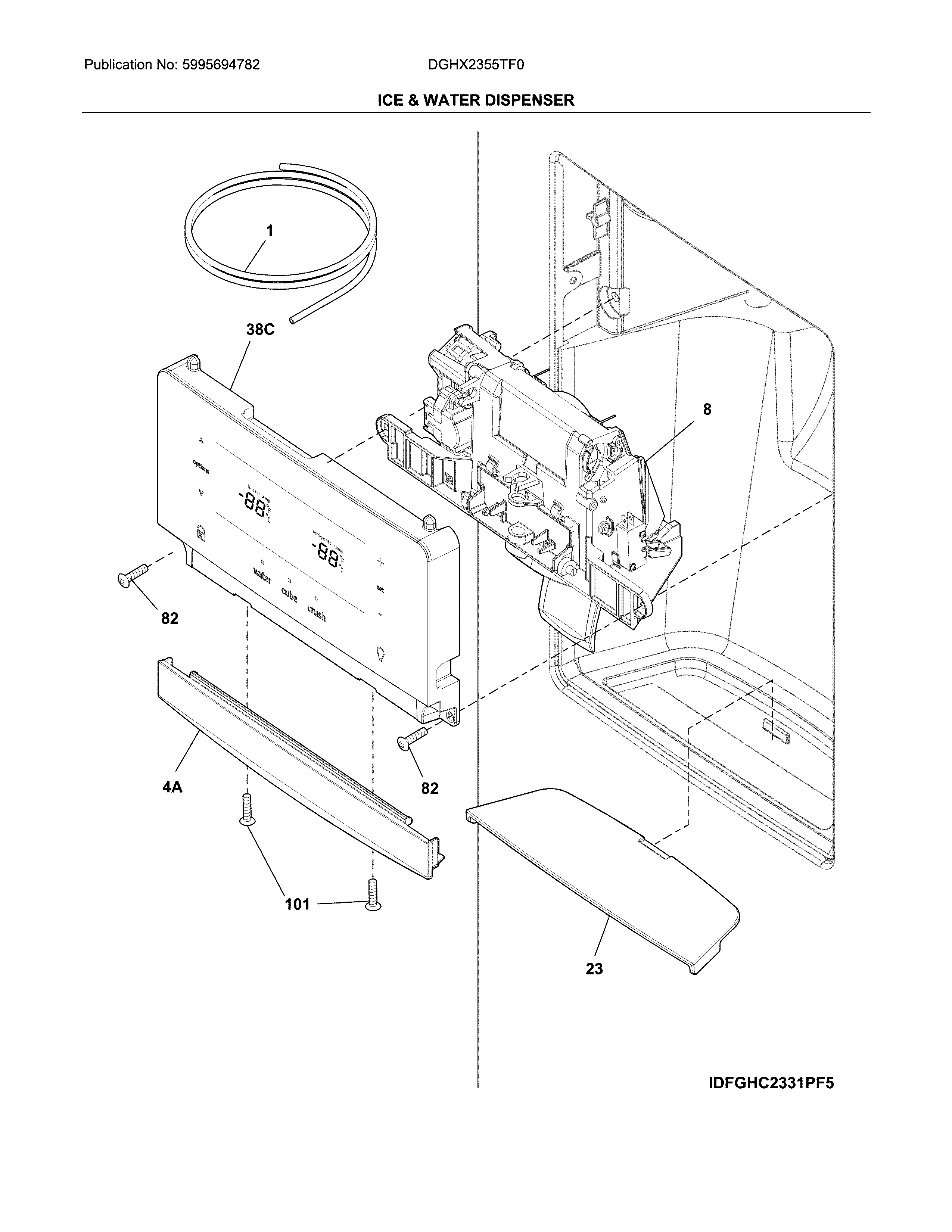 Frigidaire DGHX2355TF0 ice & water dispenser diagram