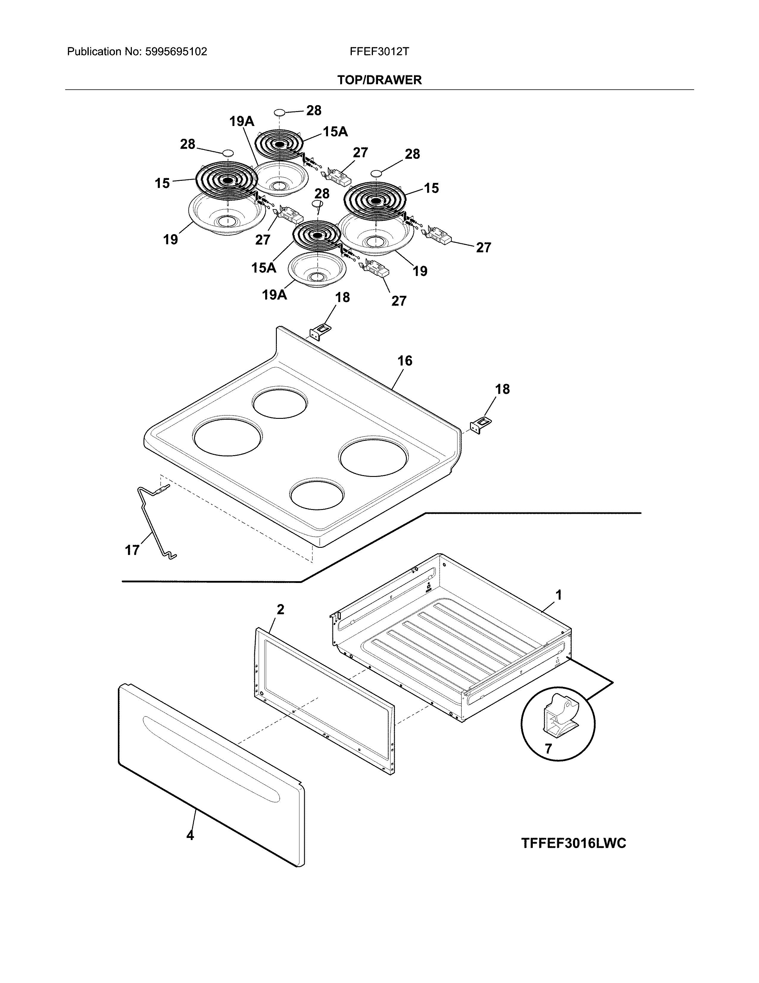 Frigidaire FFEF3012TWB top/drawer diagram