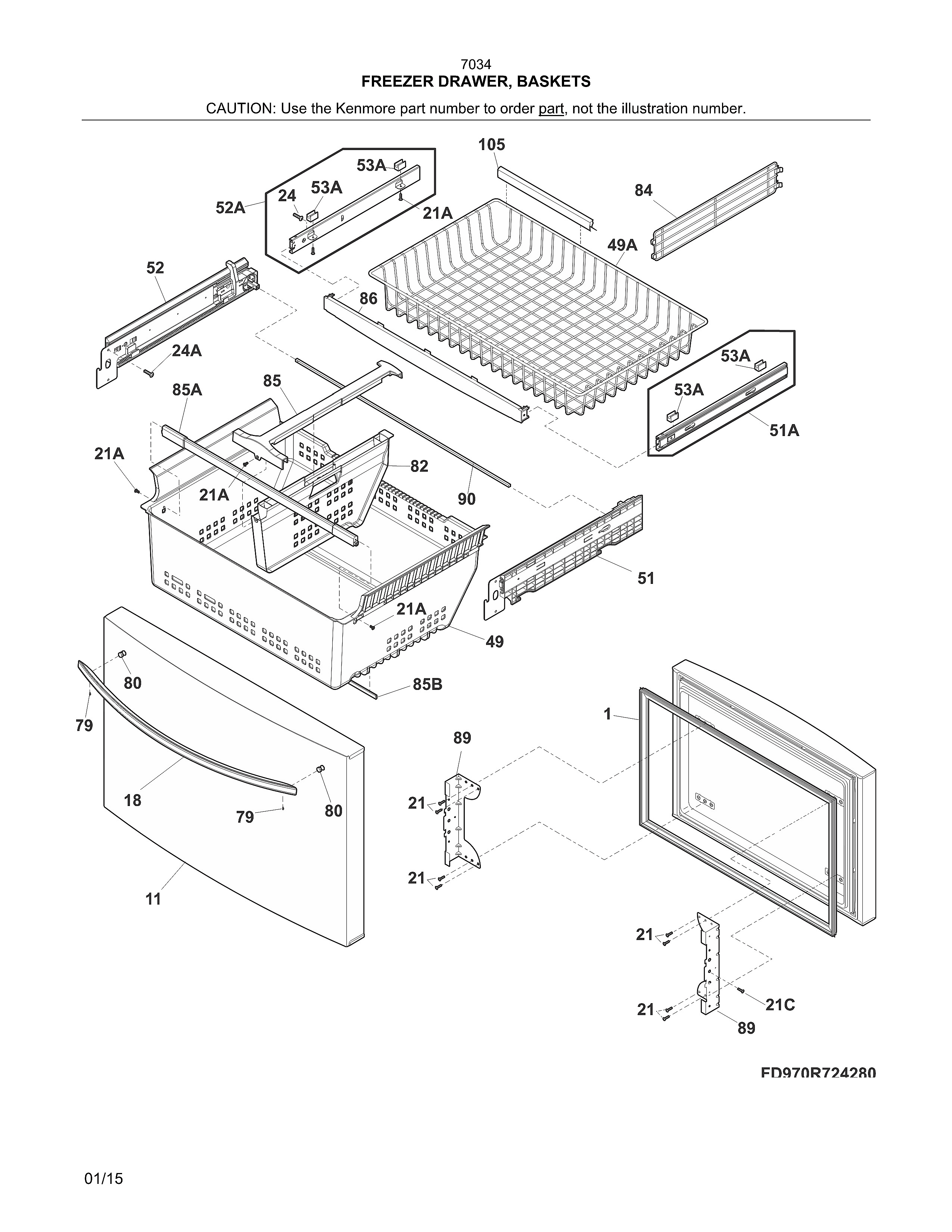 Kenmore 25370349413 freezer drawer, baskets diagram