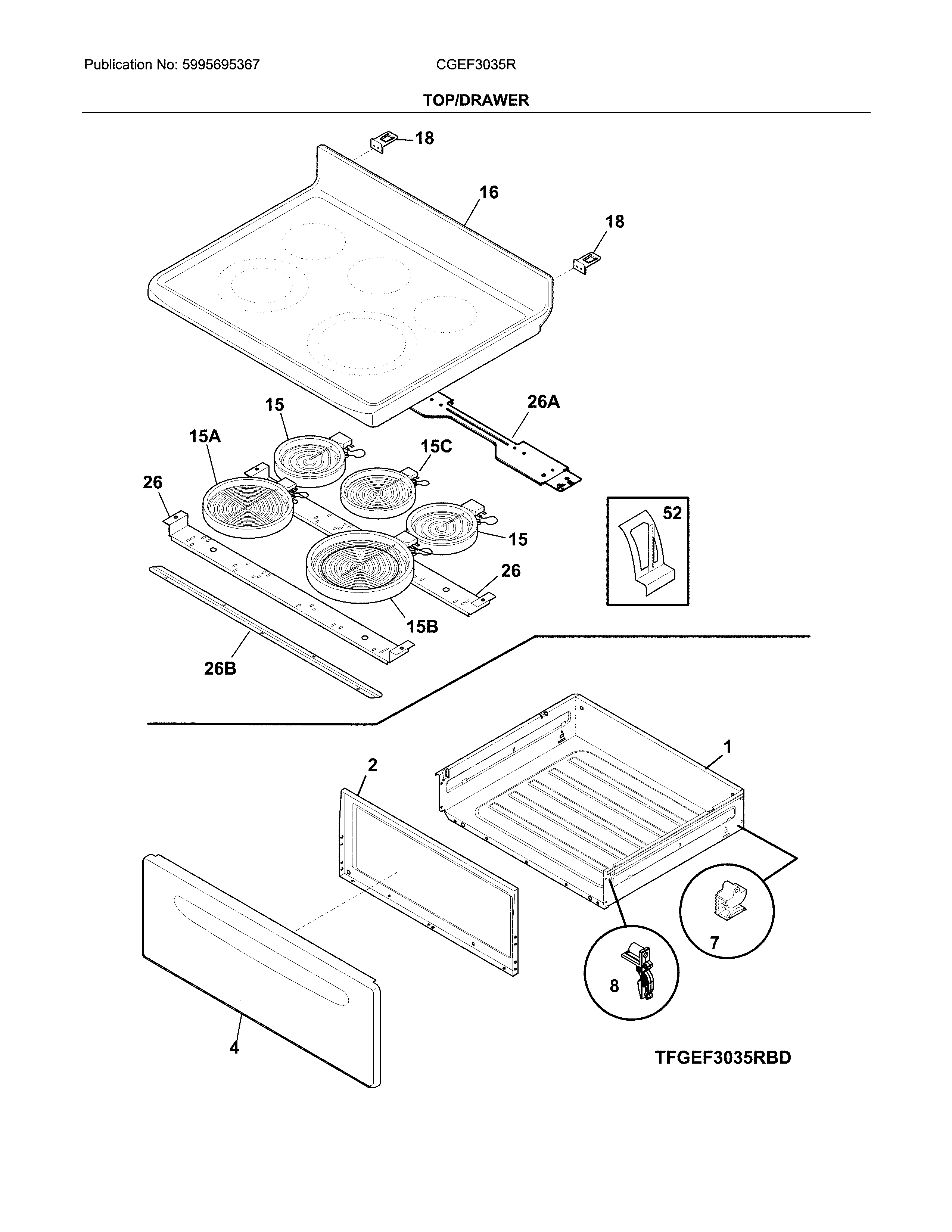 Frigidaire CGEF3035RBC top/drawer diagram
