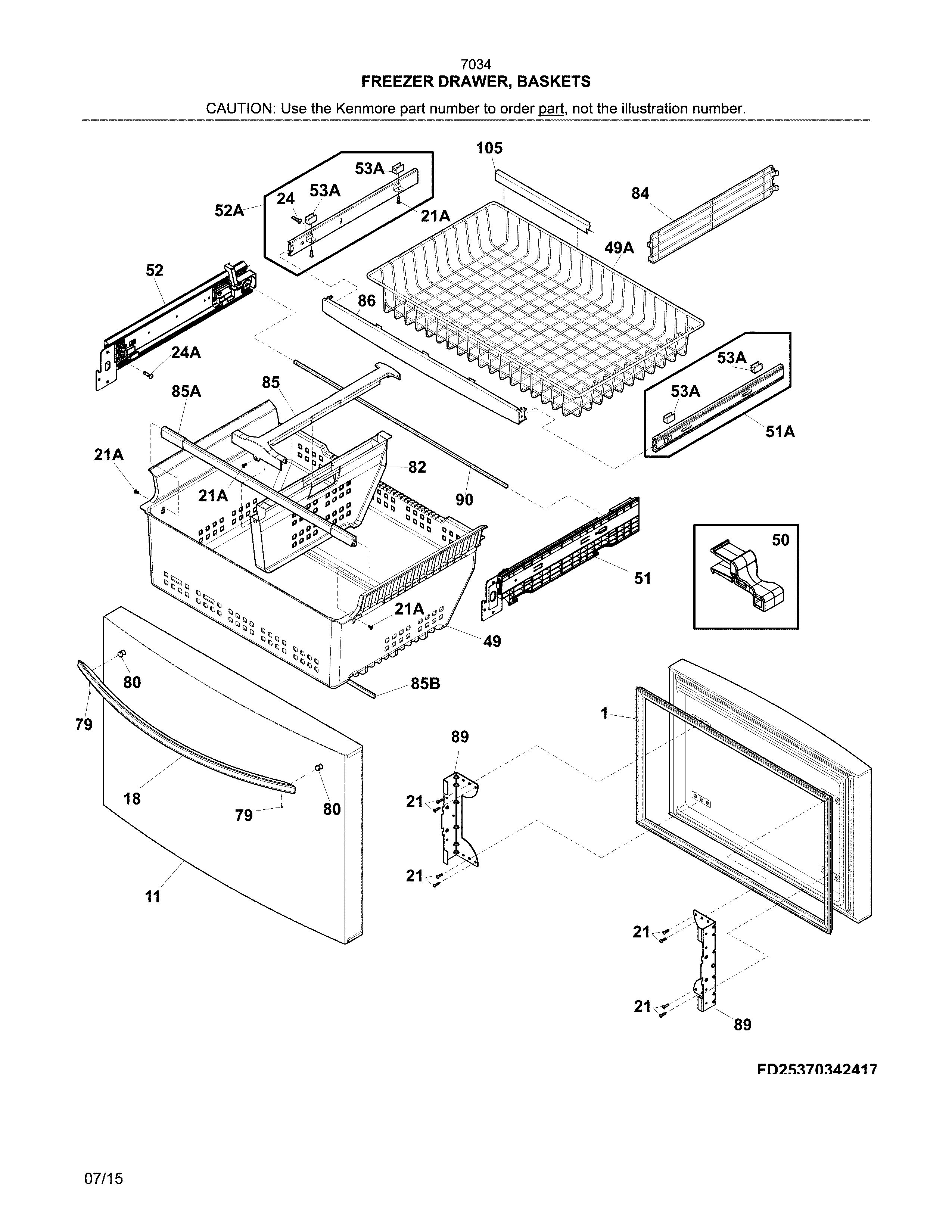 Kenmore 25370349417 freezer drawer, baskets diagram