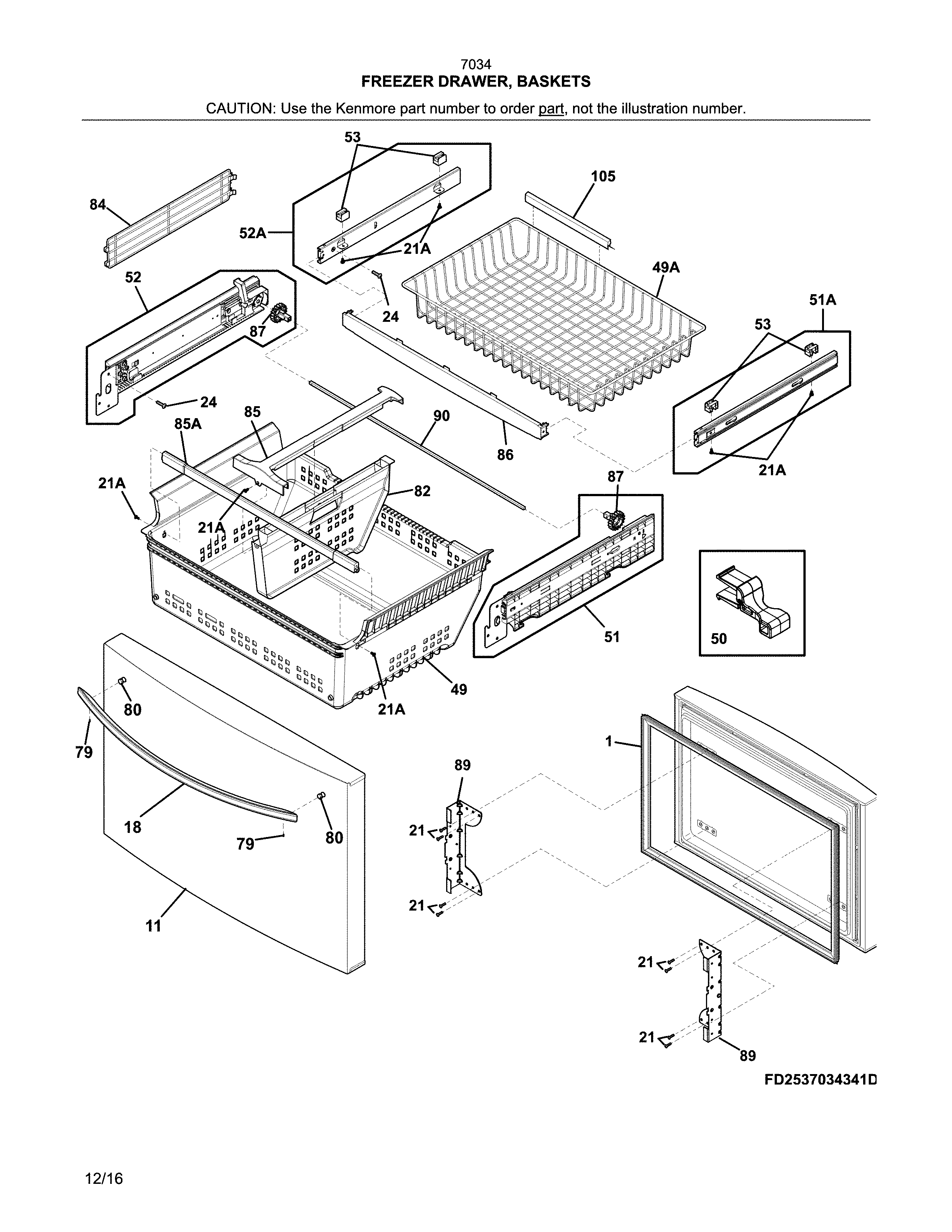 Kenmore 2537034241D freezer drawer, baskets diagram