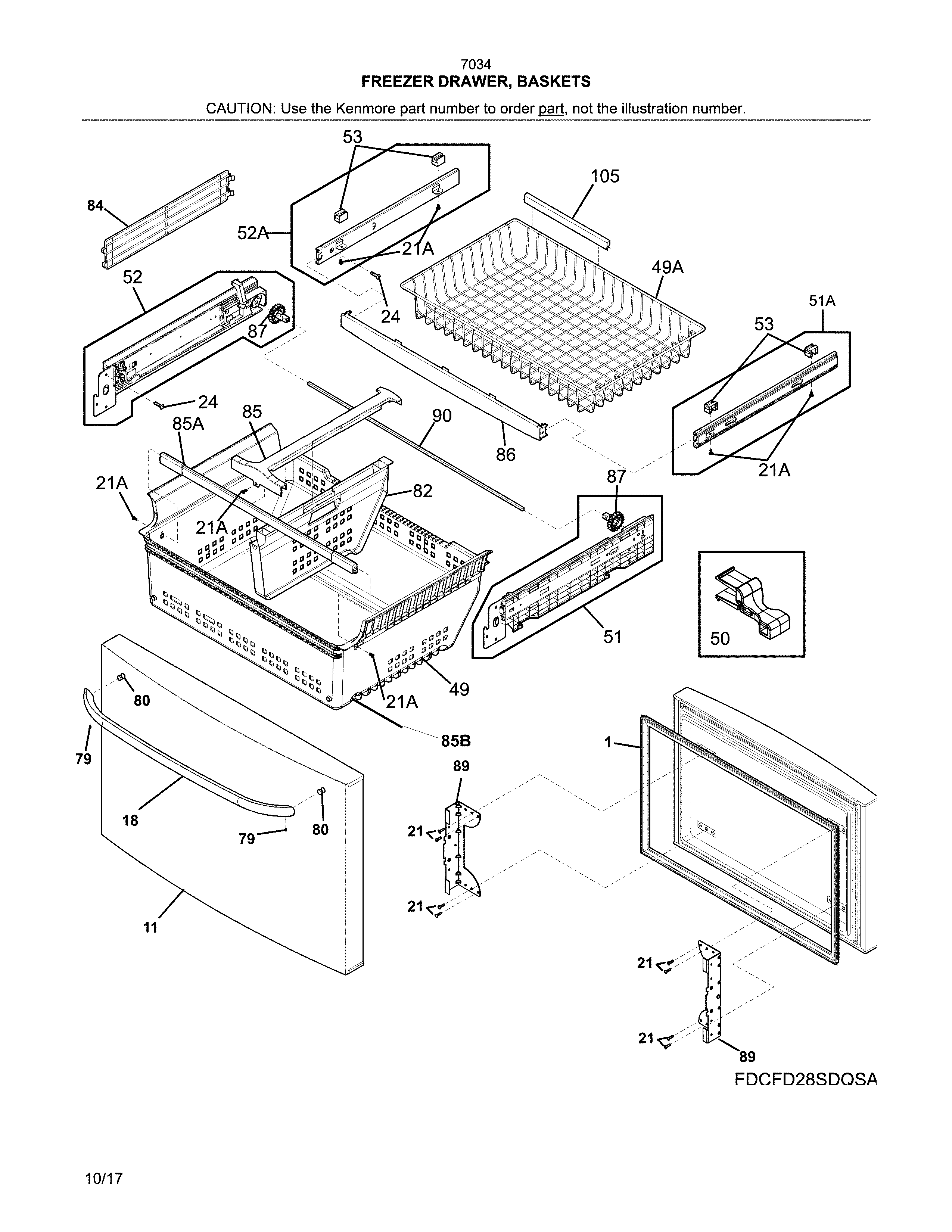 Kenmore 2537034341F freezer drawer, baskets diagram