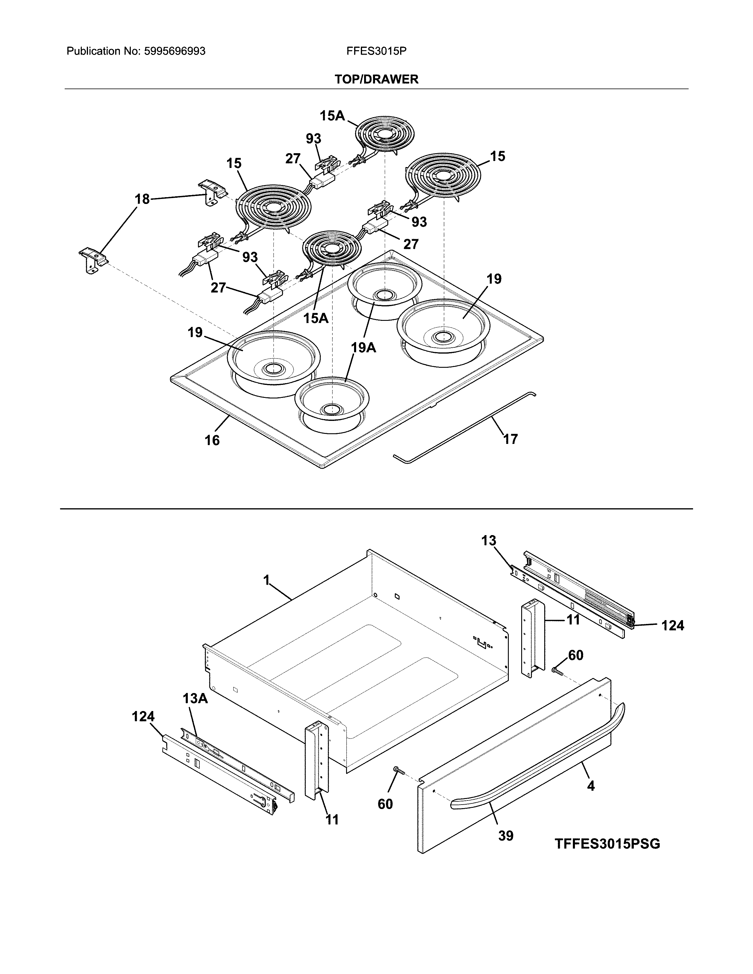 Frigidaire FFES3015PSH top/drawer diagram