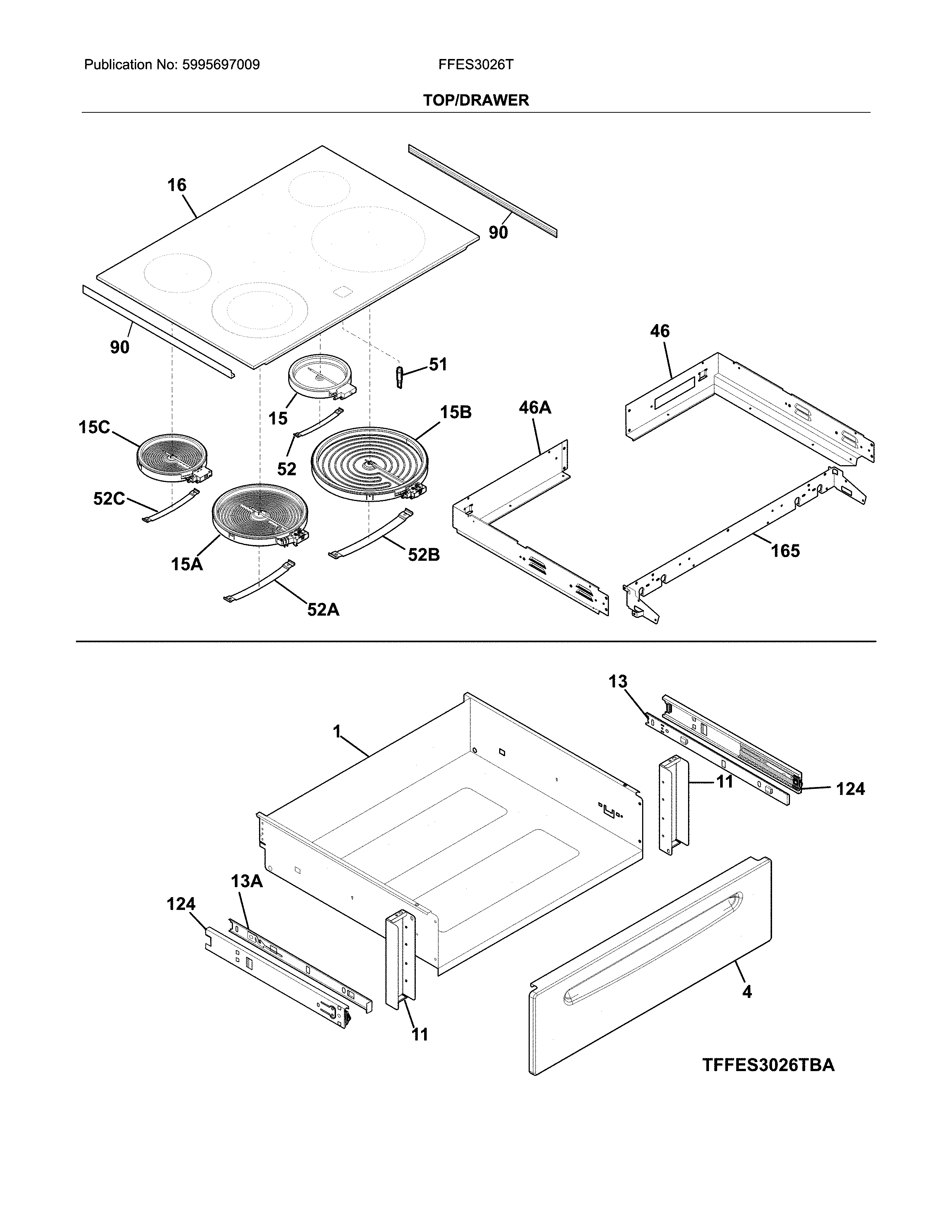 Frigidaire FFES3026TWB top/drawer diagram