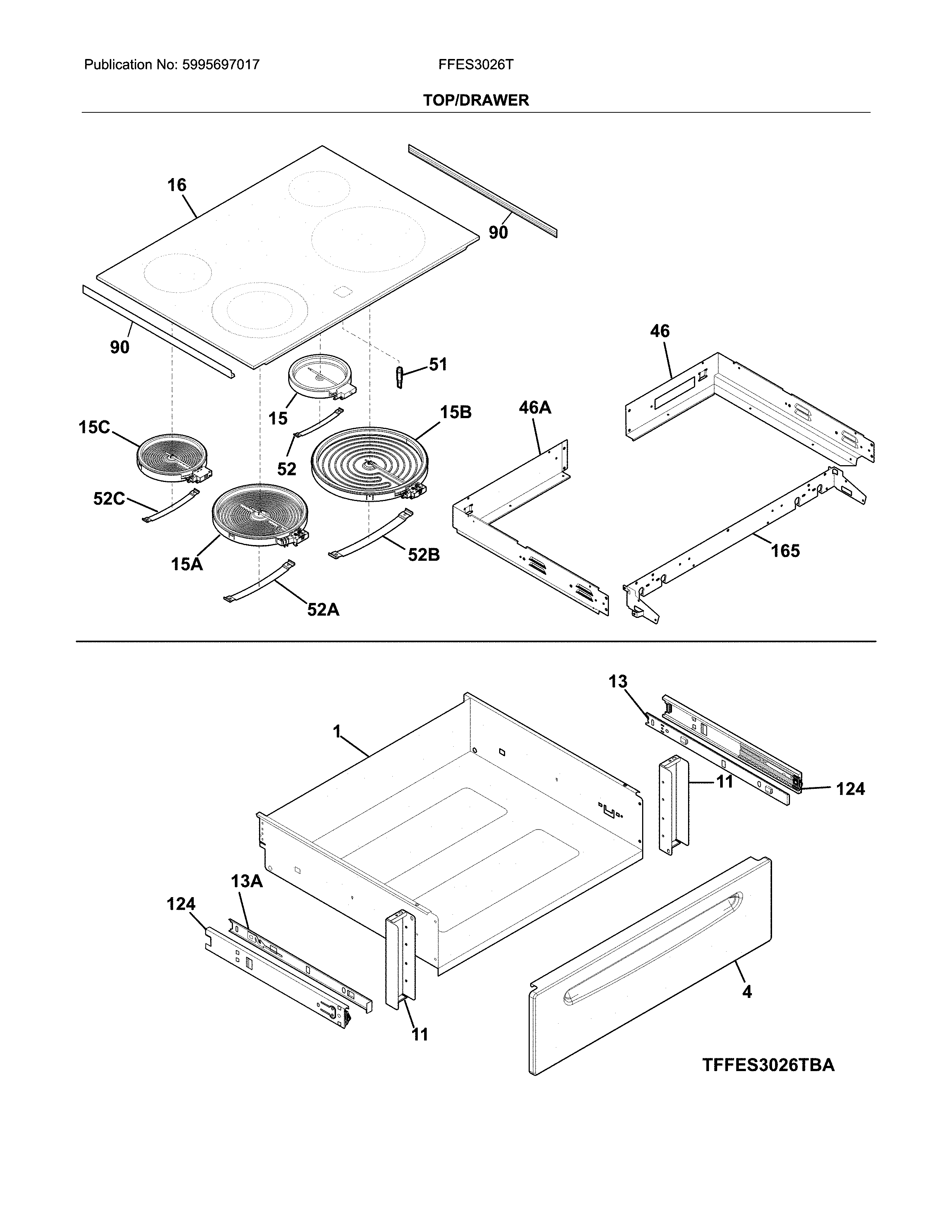 Frigidaire FFES3026TBC top/drawer diagram