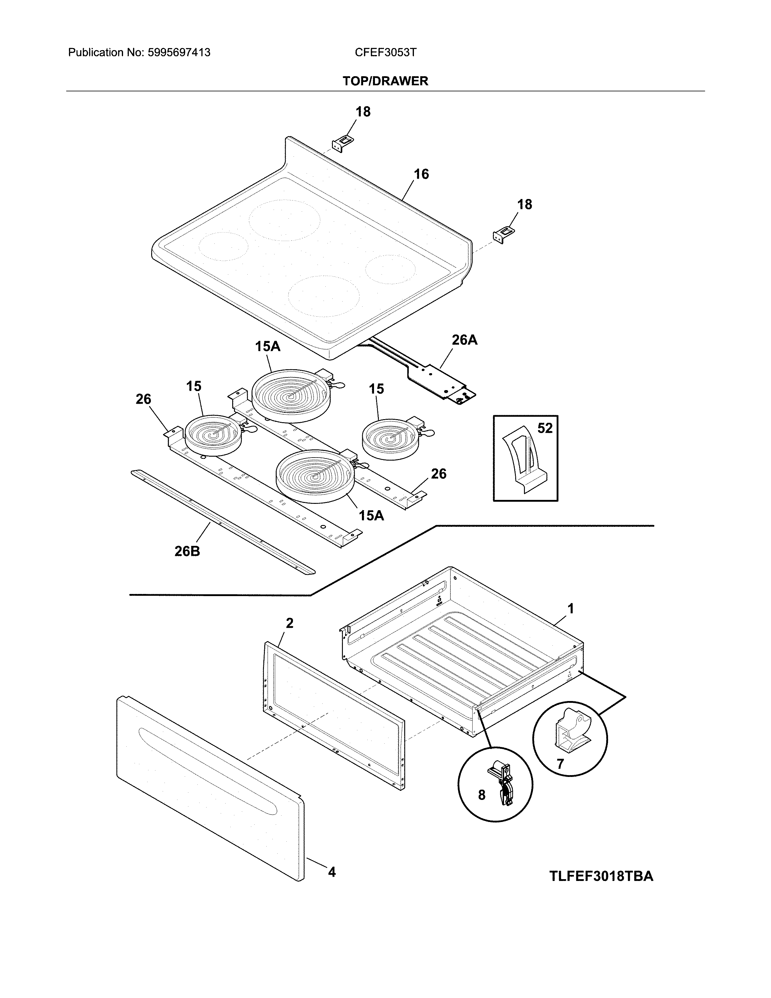 Frigidaire CFEF3053TWC top/drawer diagram