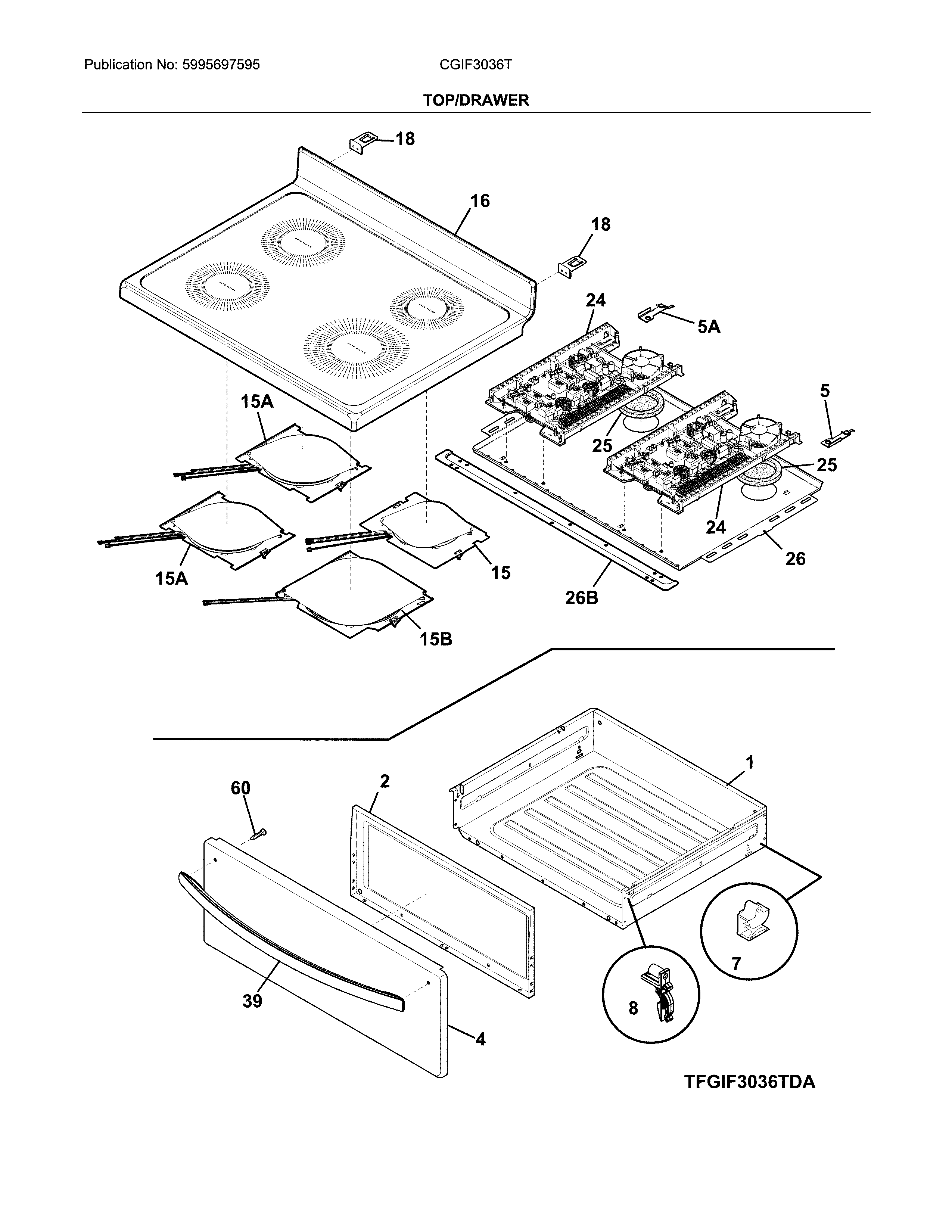 Frigidaire CGIF3036TDA top/drawer diagram