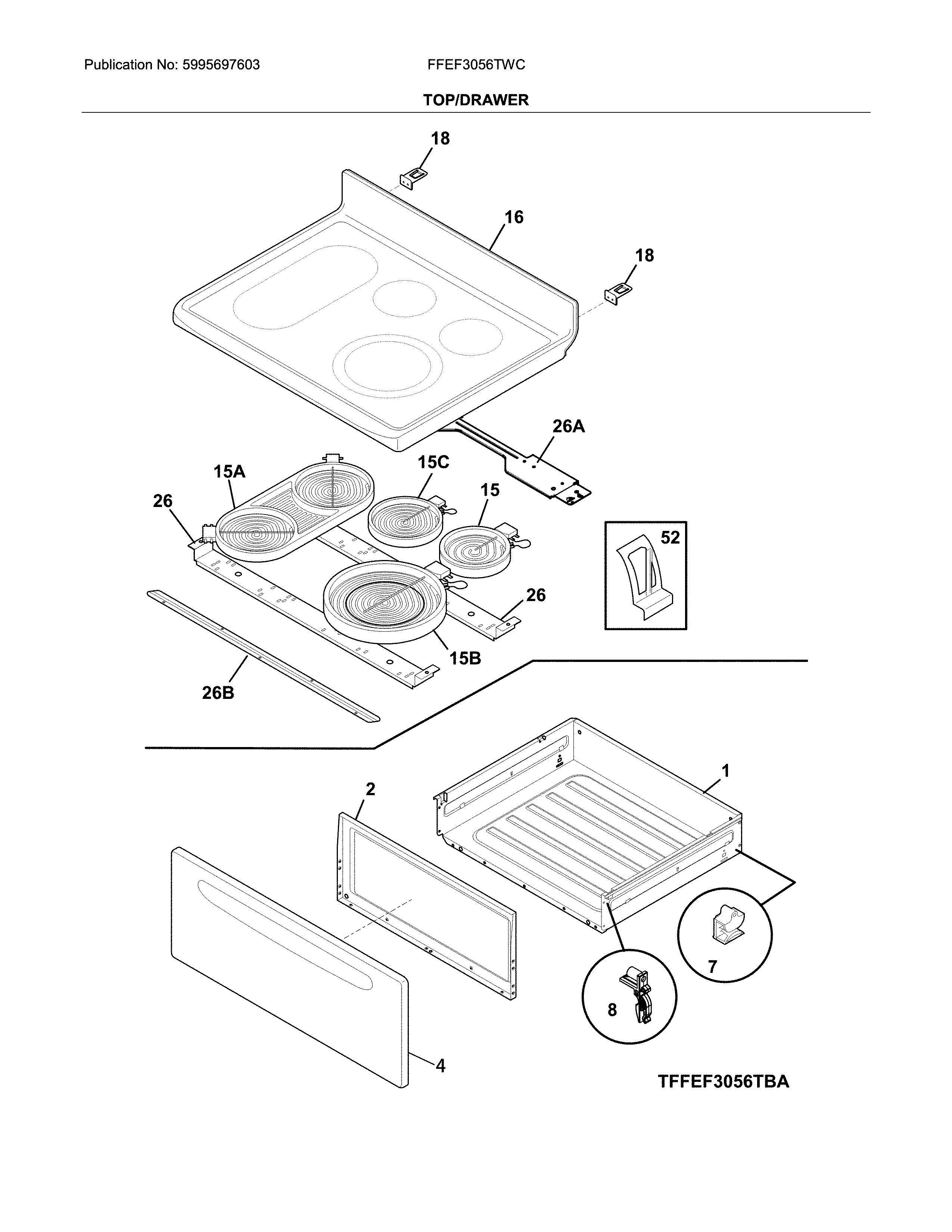 Frigidaire FFEF3056TWC top/drawer diagram