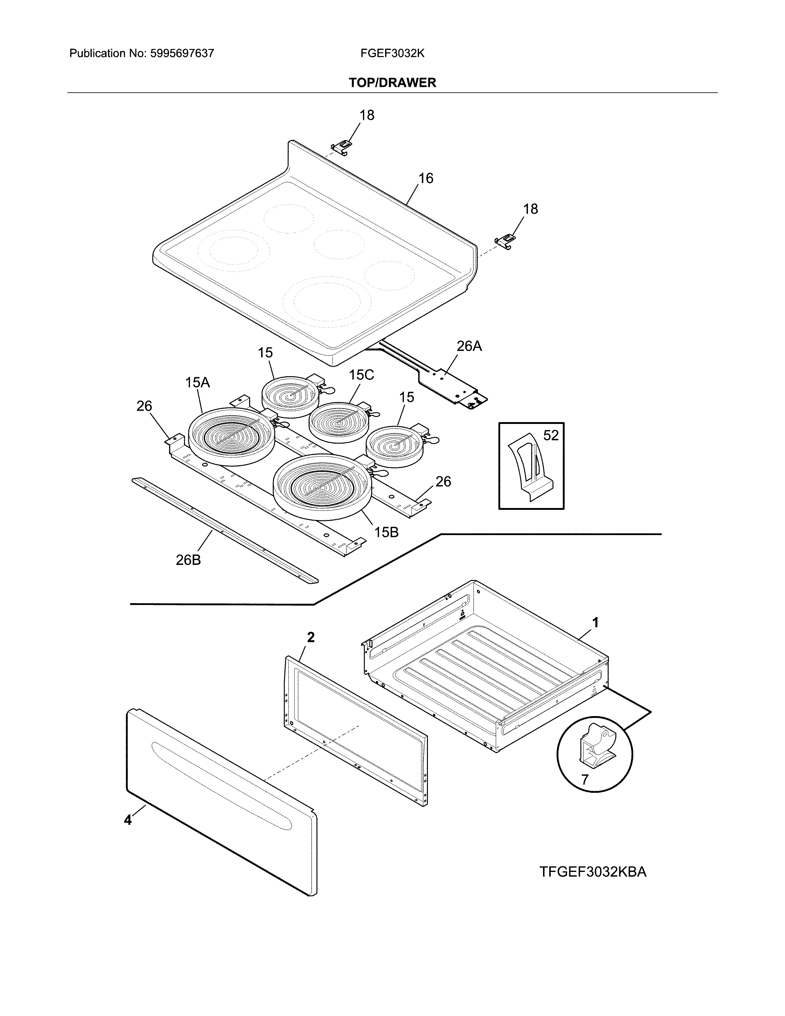 Frigidaire FGEF3032KWC top/drawer diagram