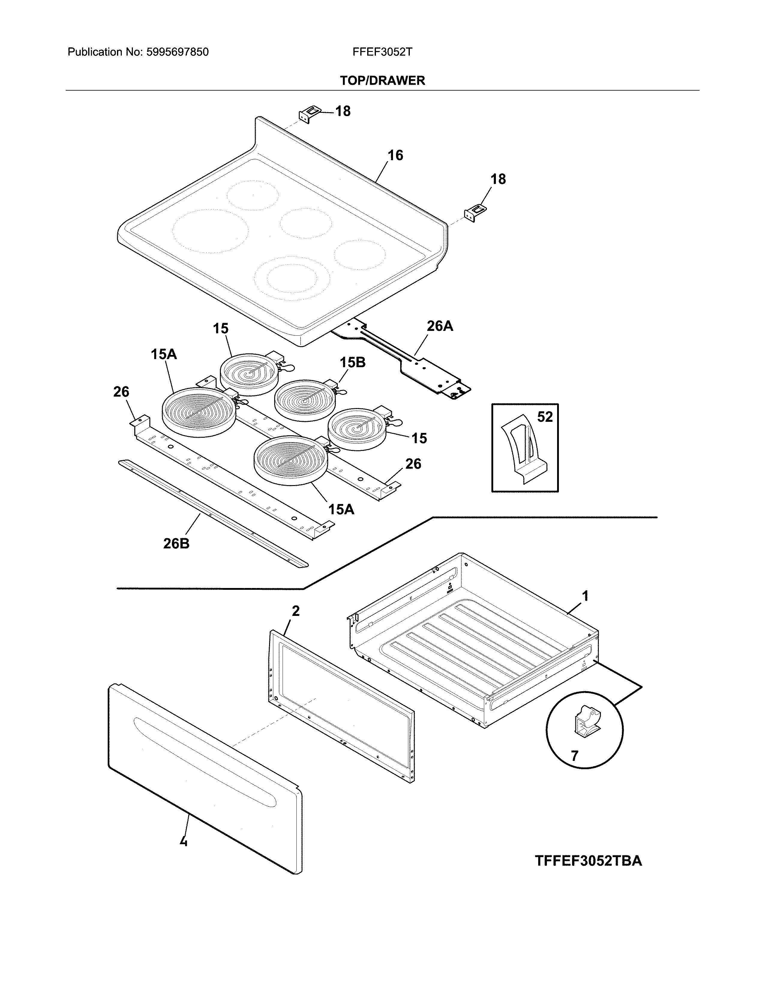 Frigidaire FFEF3052TBA top/drawer diagram