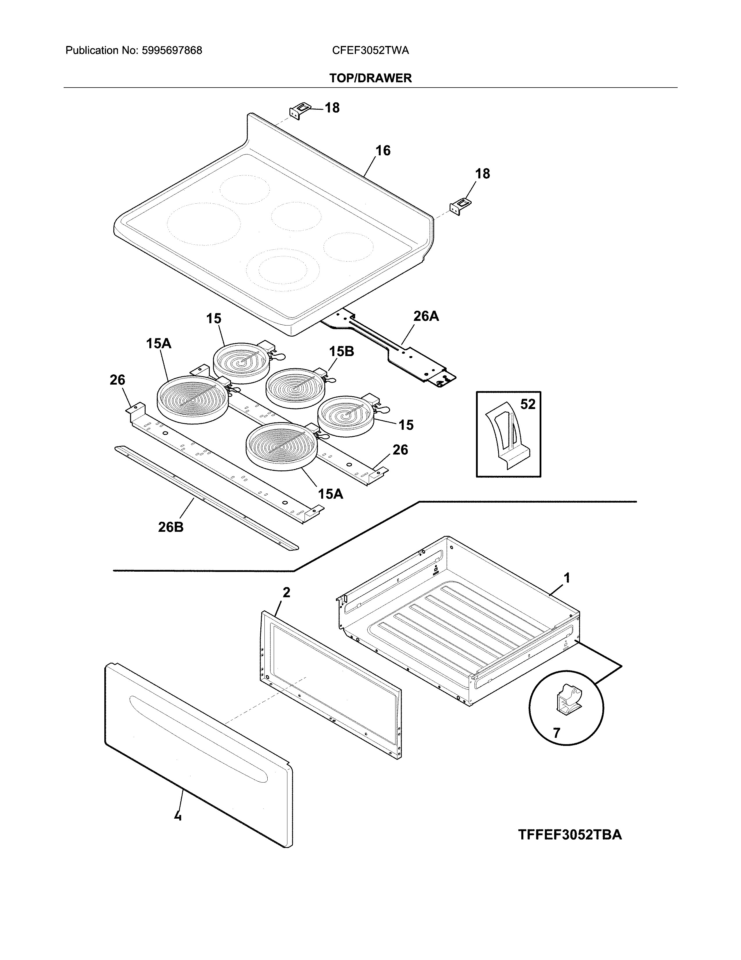 Frigidaire CFEF3052TWA top/drawer diagram