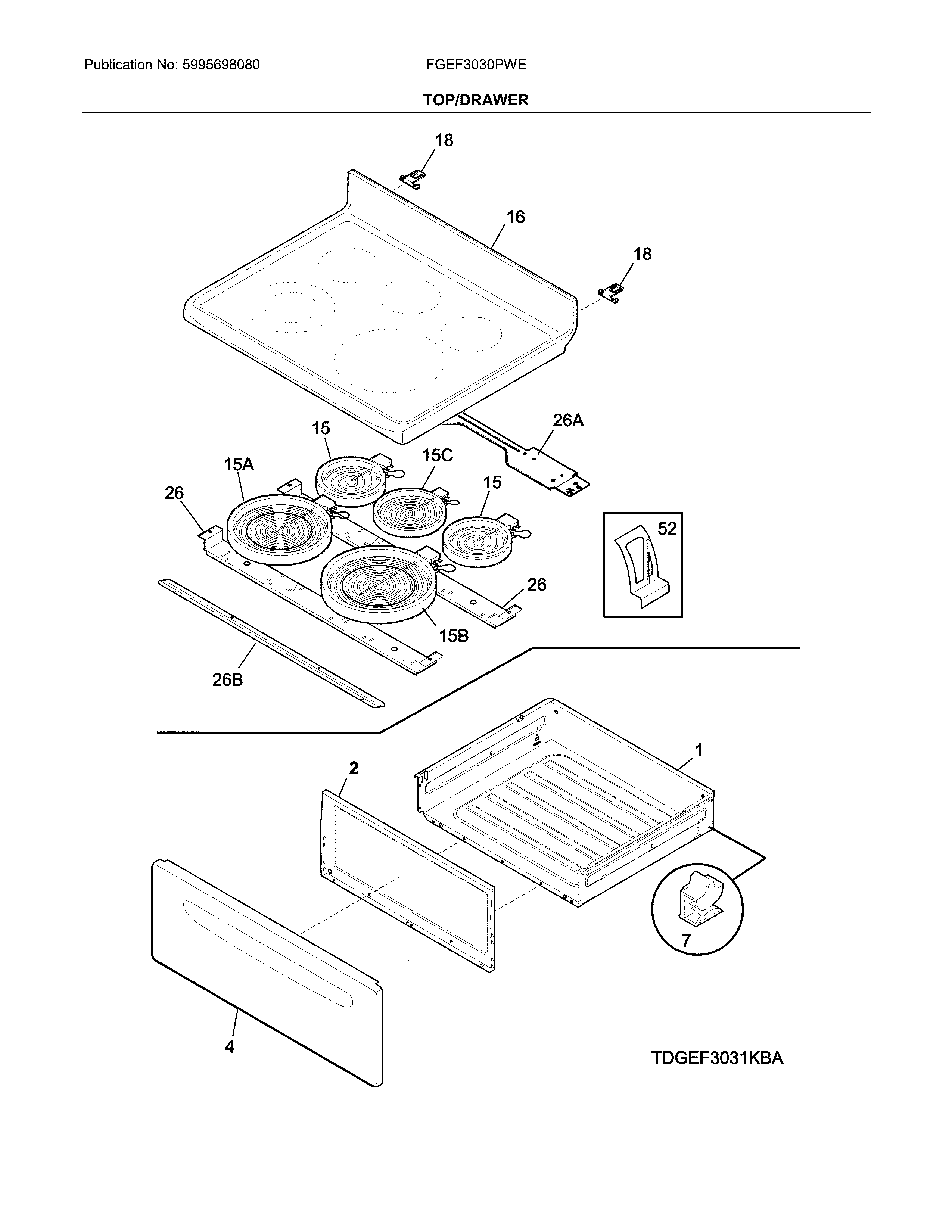 Frigidaire FGEF3030PWE top/drawer diagram