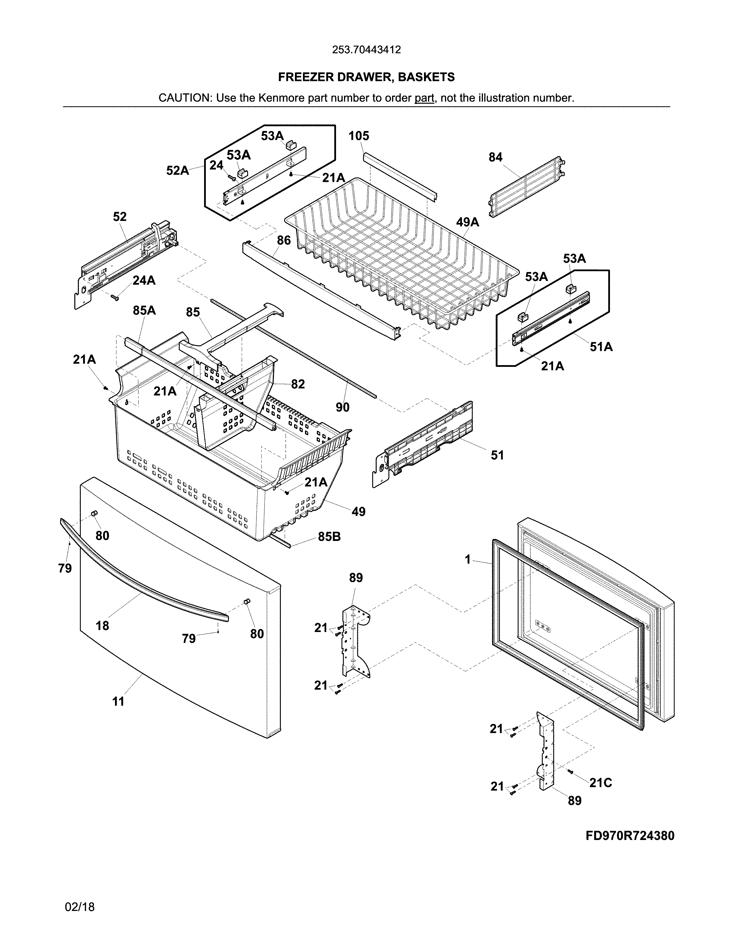 Kenmore 25370443412 freezer drawer, baskets diagram