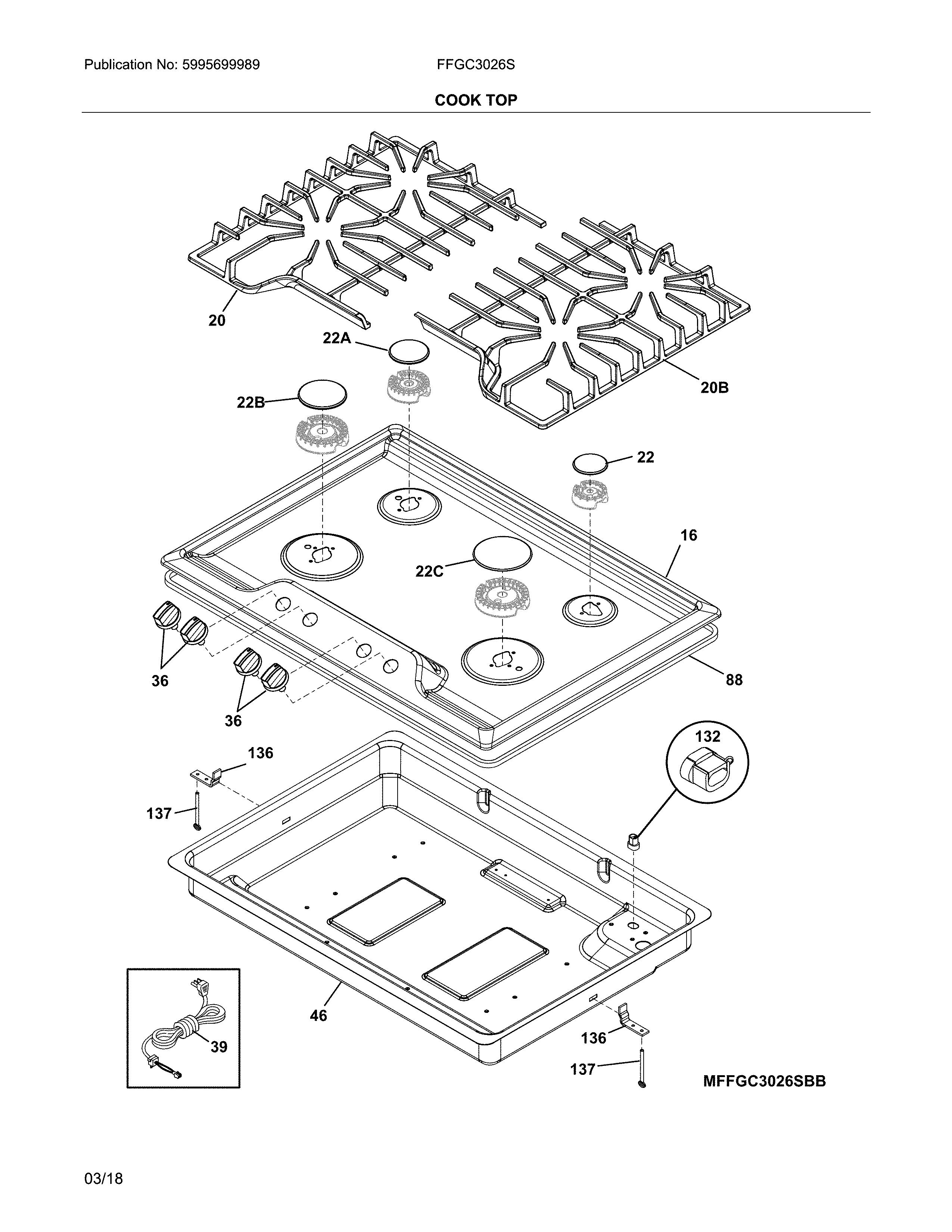 Frigidaire FFGC3026SWC cooktop diagram