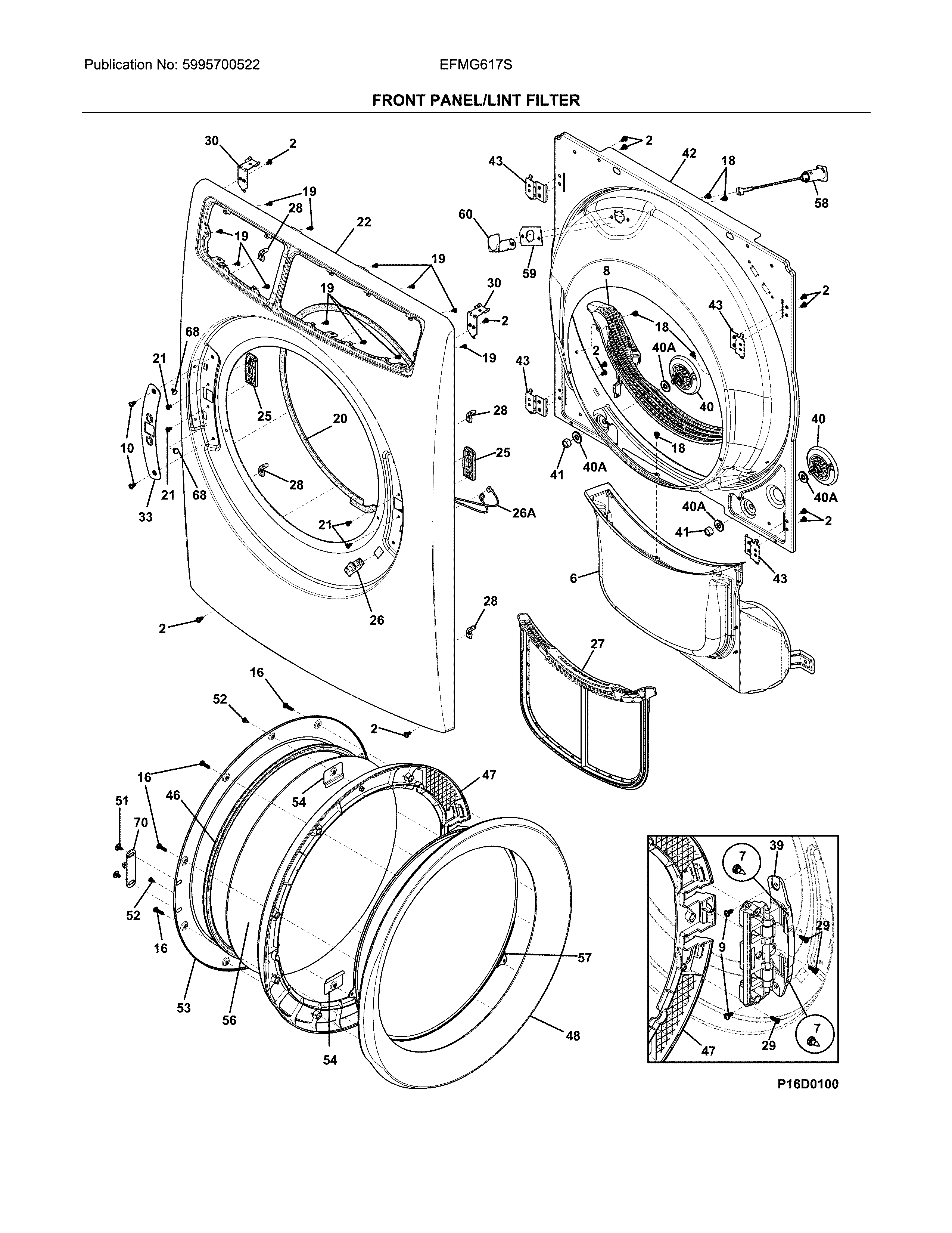 Electrolux EFMG617STT0 front panel/lint filter diagram