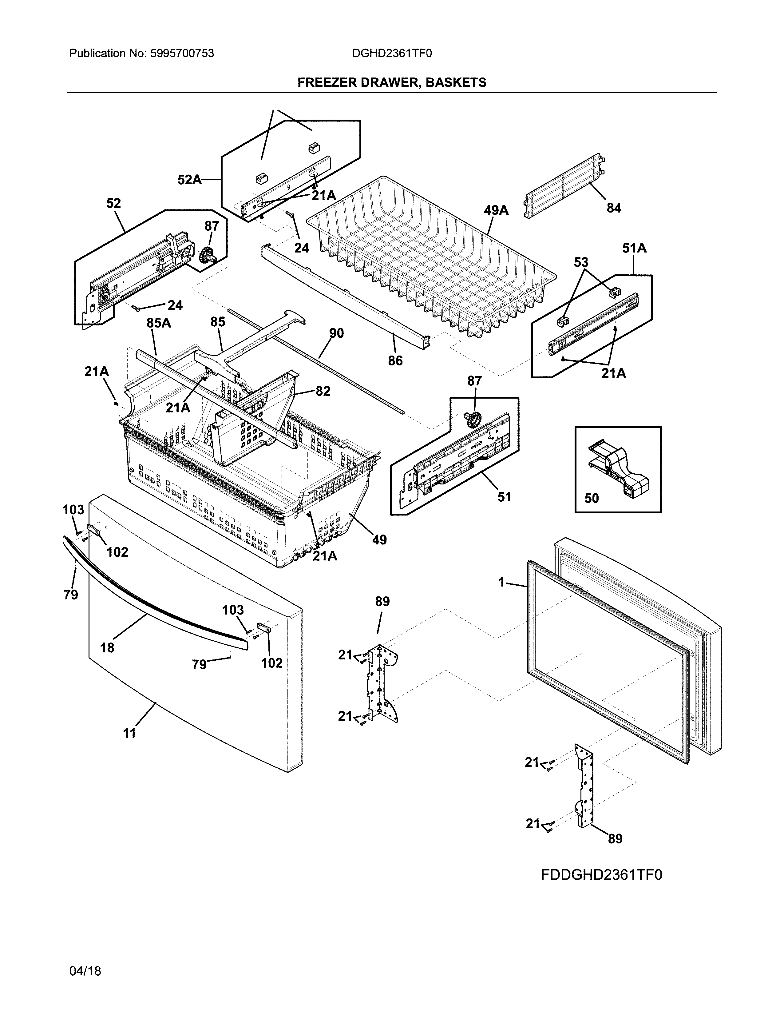 Frigidaire DGHD2361TF0 freezer drawer, baskets diagram