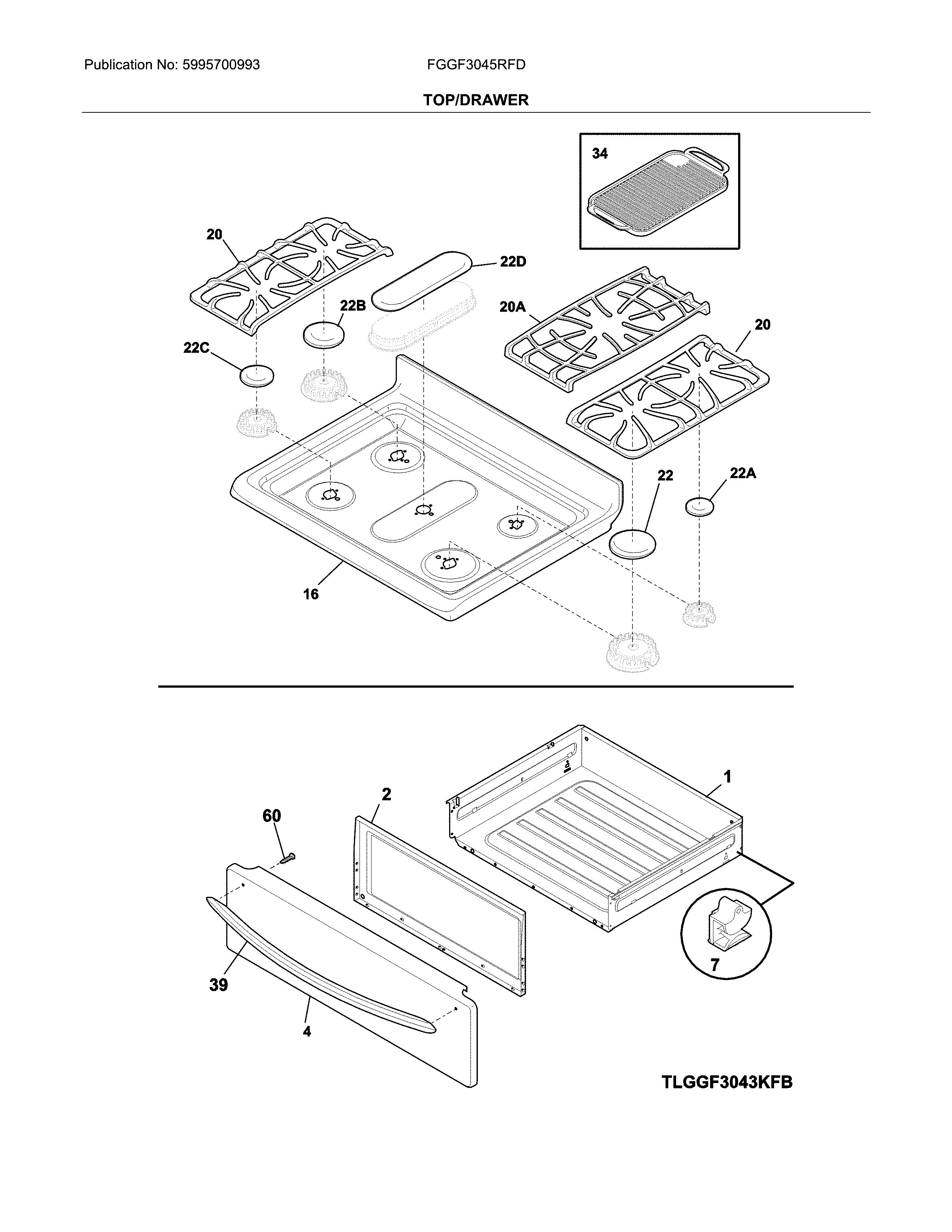 Frigidaire FGGF3045RFD top/drawer diagram