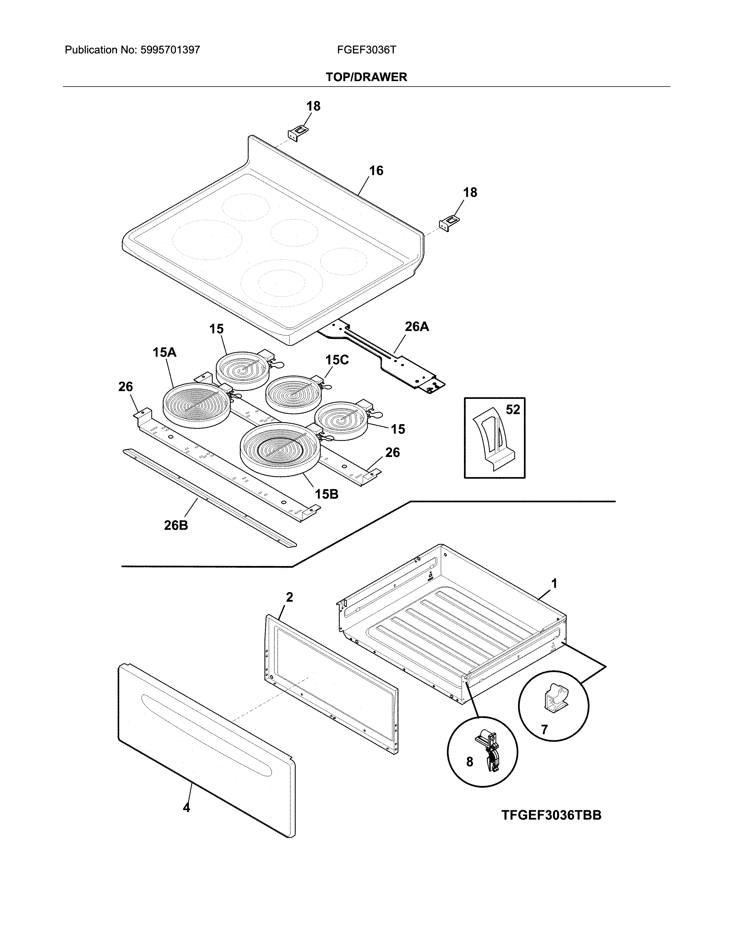 Frigidaire FGEF3036TWD top/drawer diagram