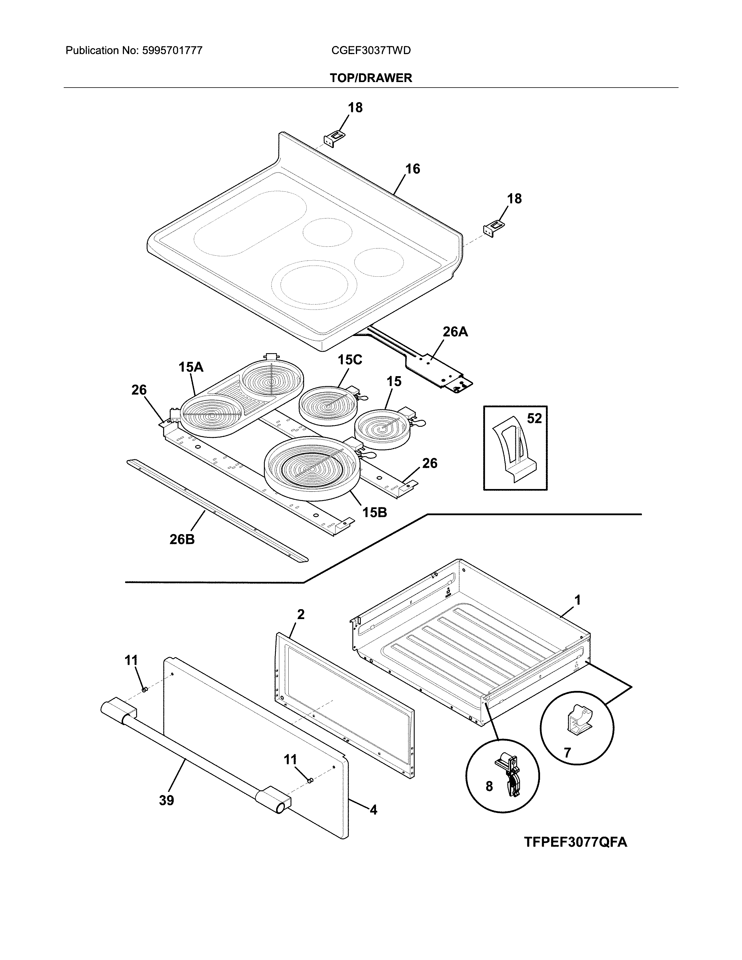 Frigidaire CGEF3037TWD top/drawer diagram