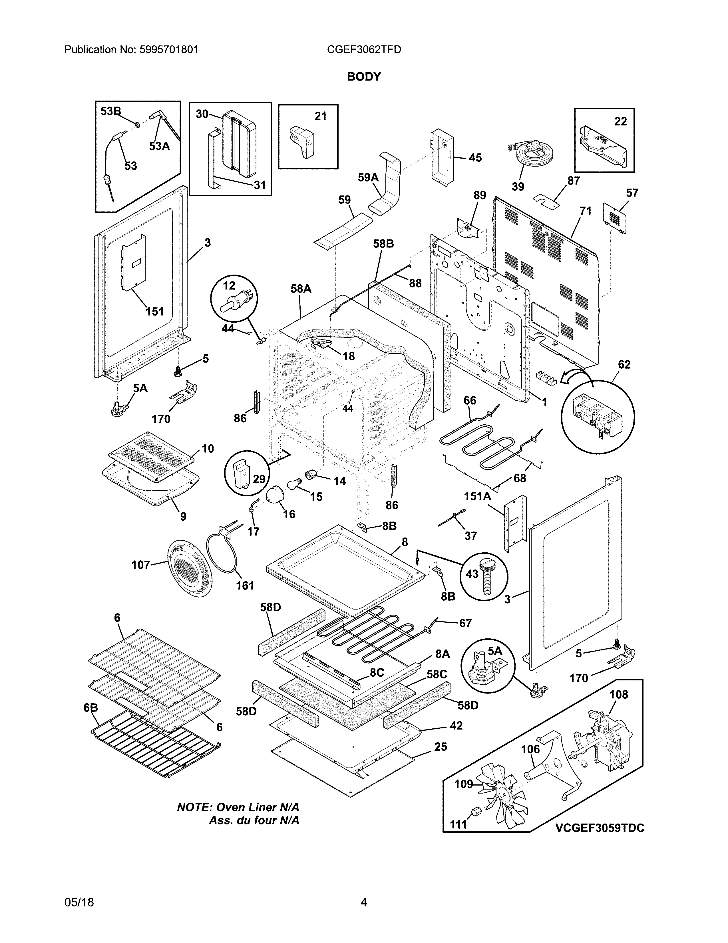 Frigidaire CGEF3062TFD body diagram