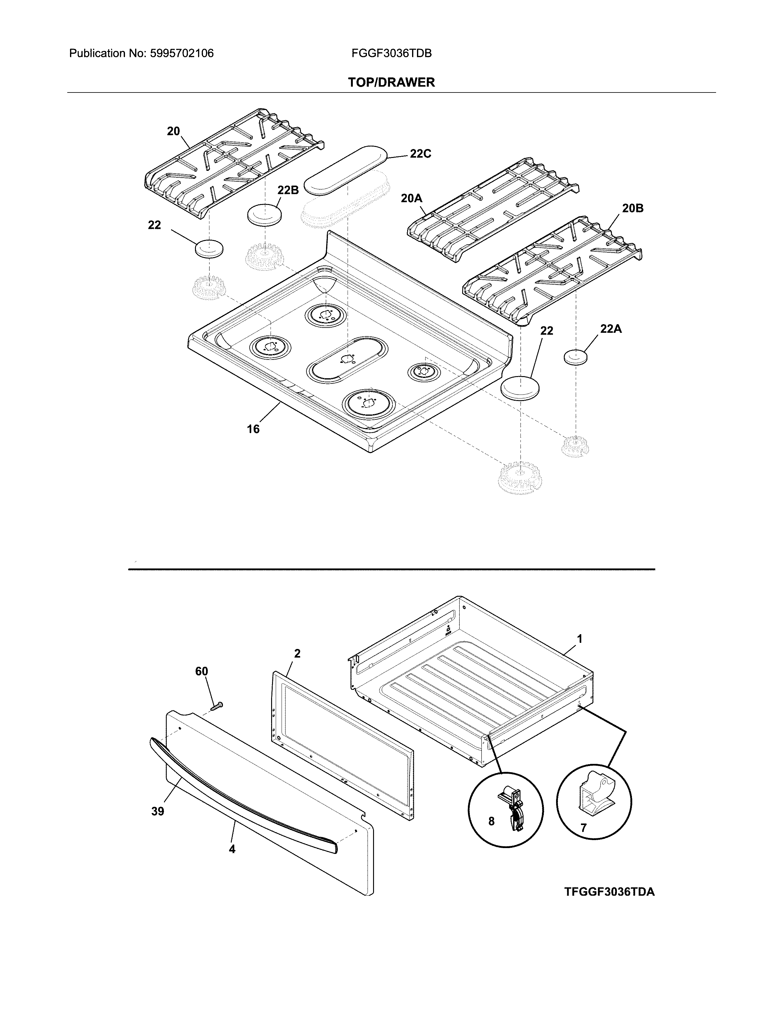Frigidaire FGGF3036TDB top/drawer diagram