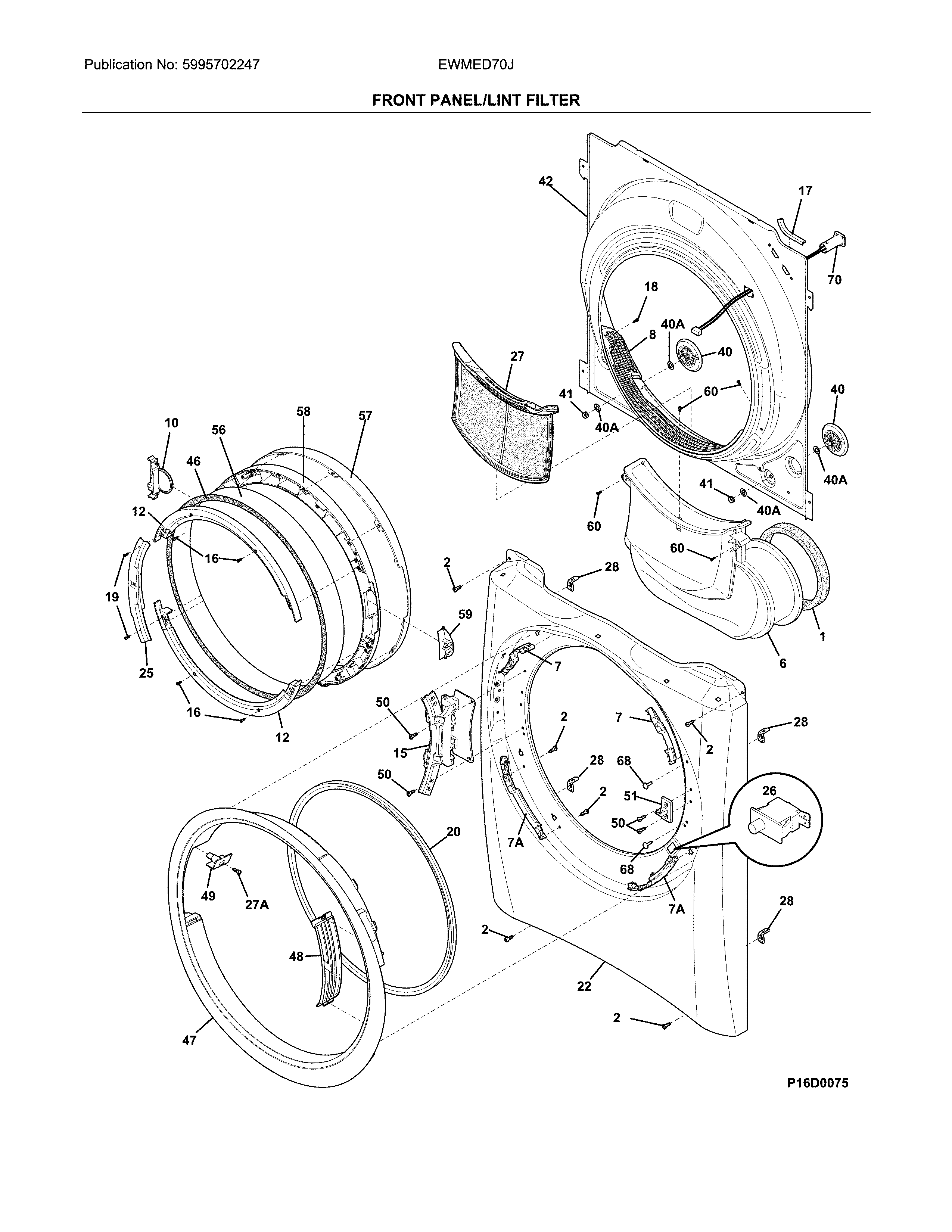 Electrolux EWMED70JIW4 front panel/lint filter diagram
