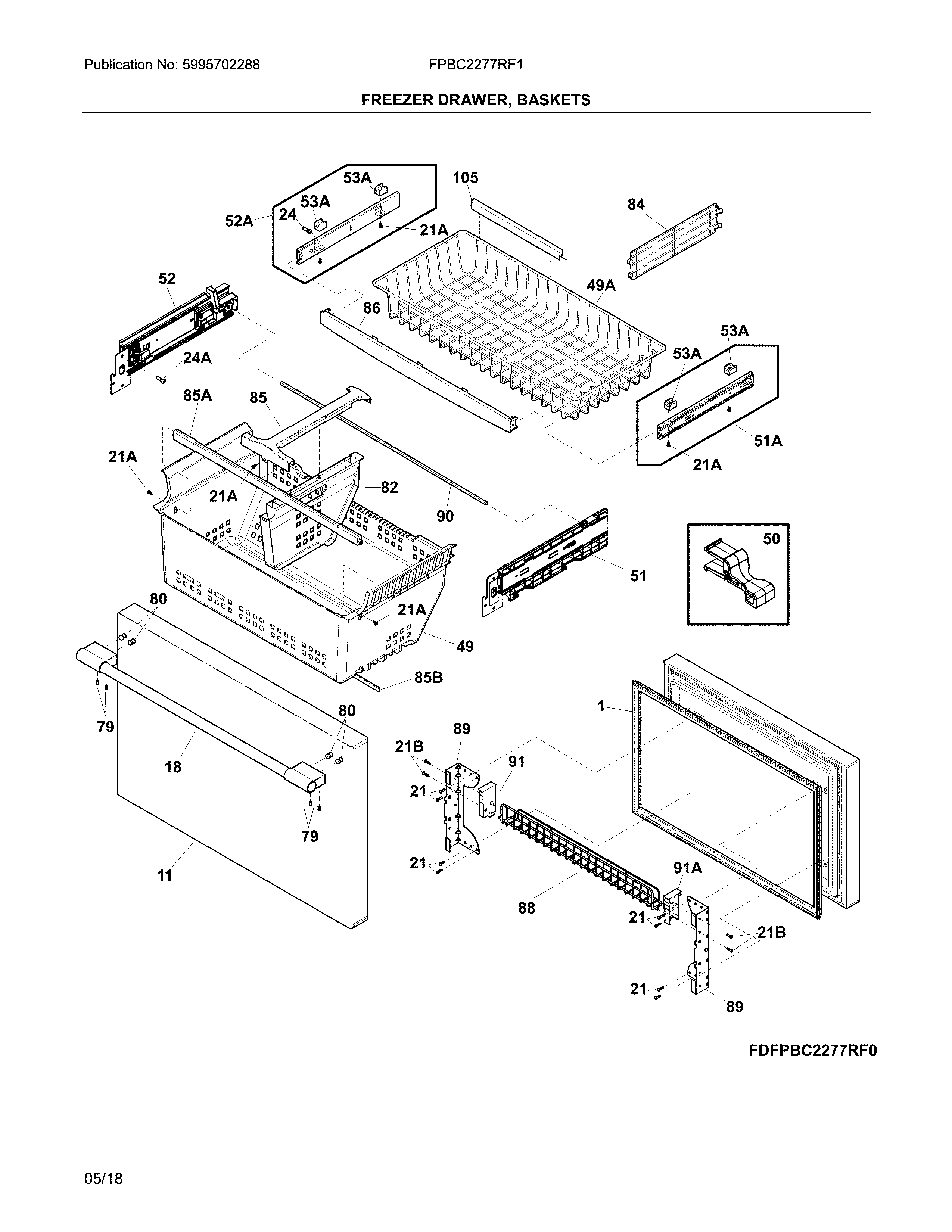 Frigidaire FPBC2277RF1 freezer drawer, baskets diagram
