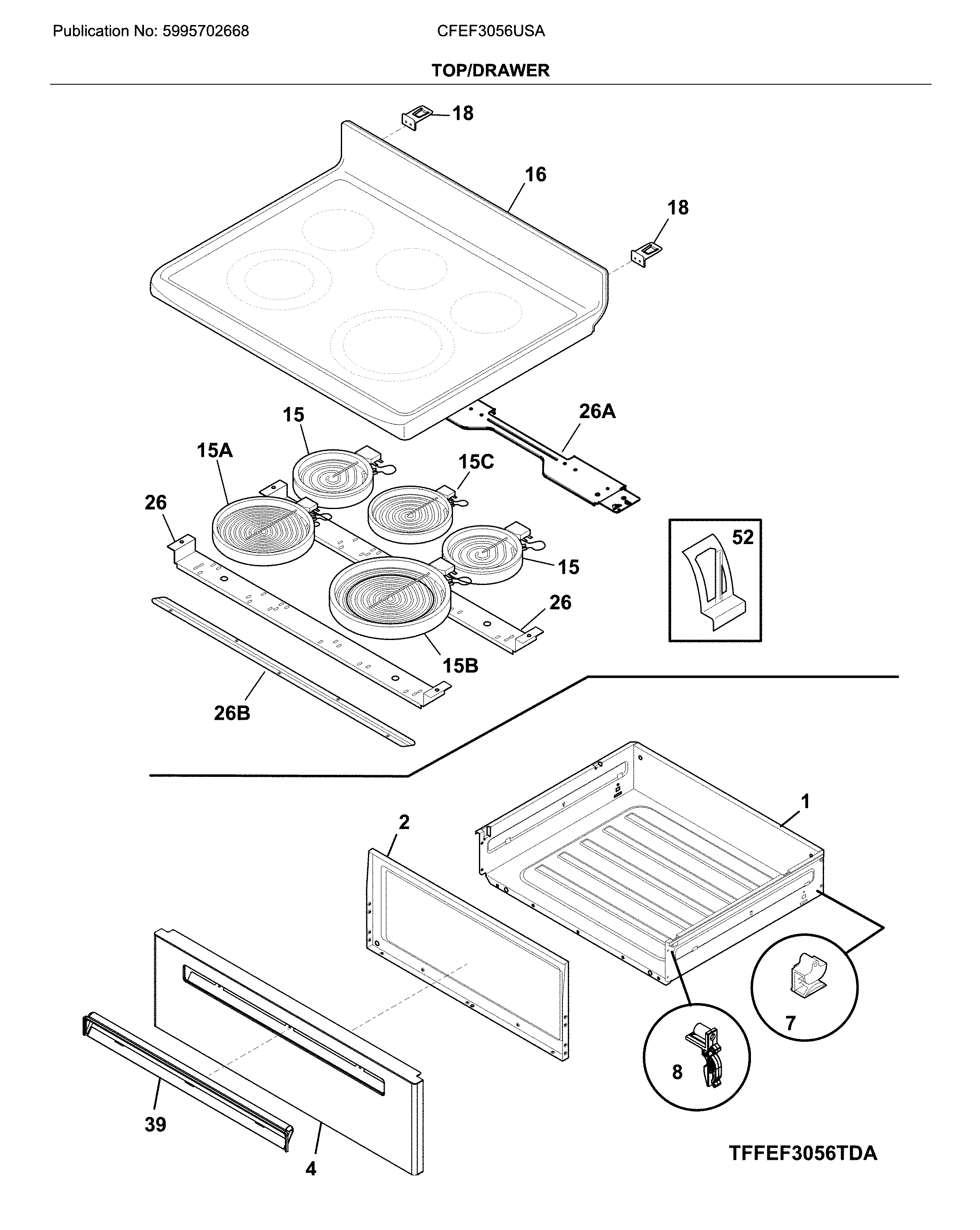 Frigidaire CFEF3056USA top/drawer diagram
