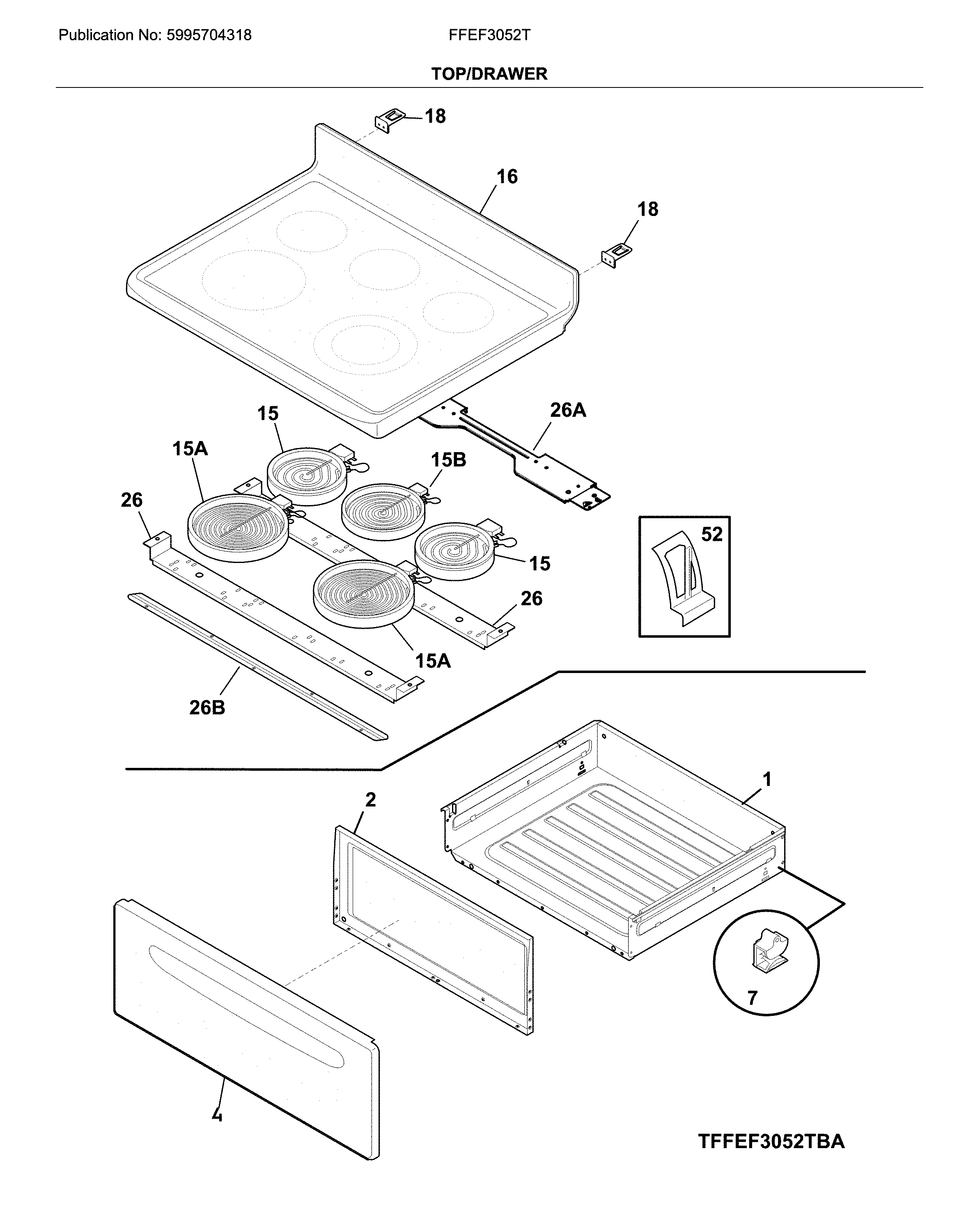 Frigidaire FFEF3052TWB top/drawer diagram