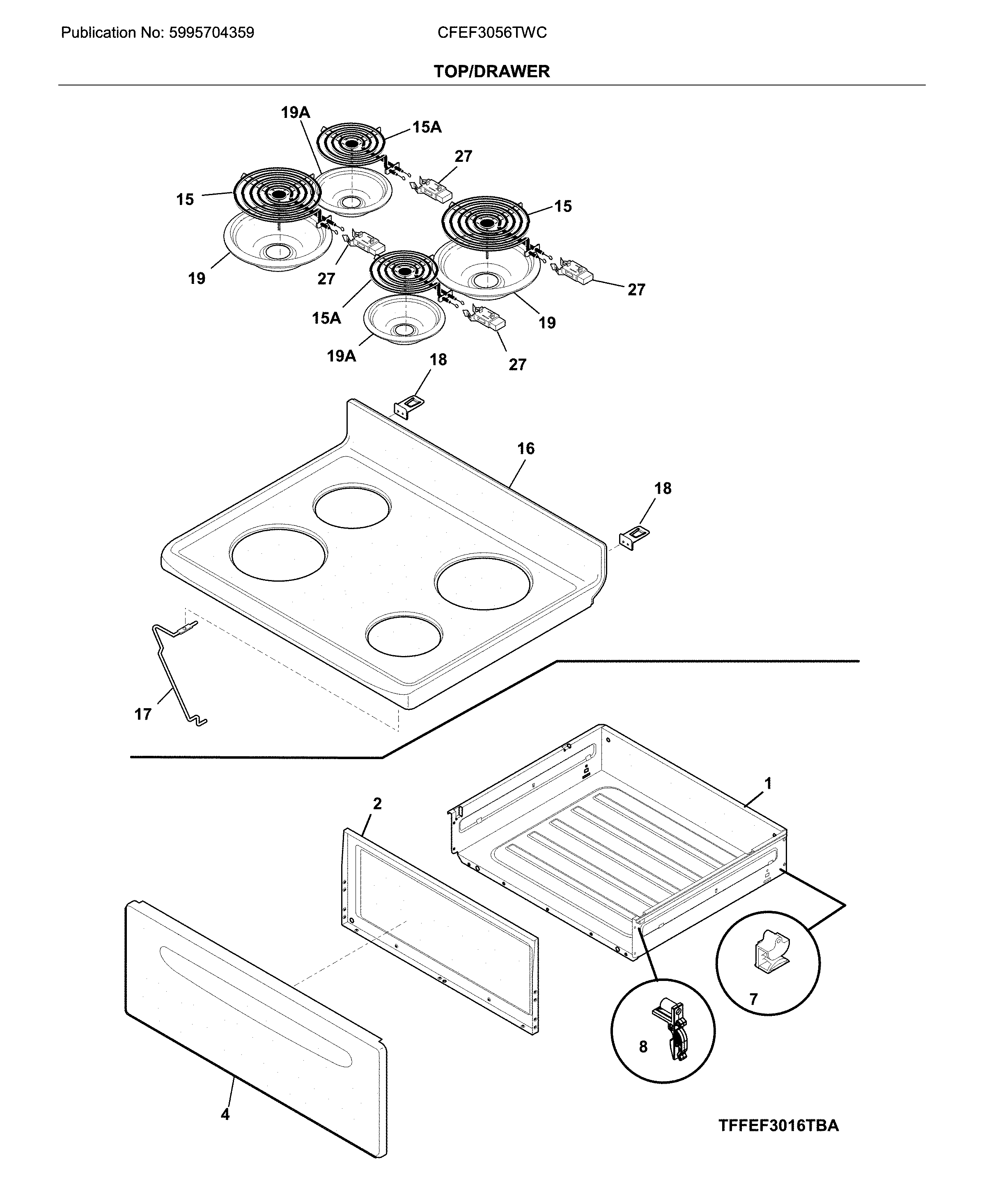 Frigidaire CFEF3056TWC top/drawer diagram